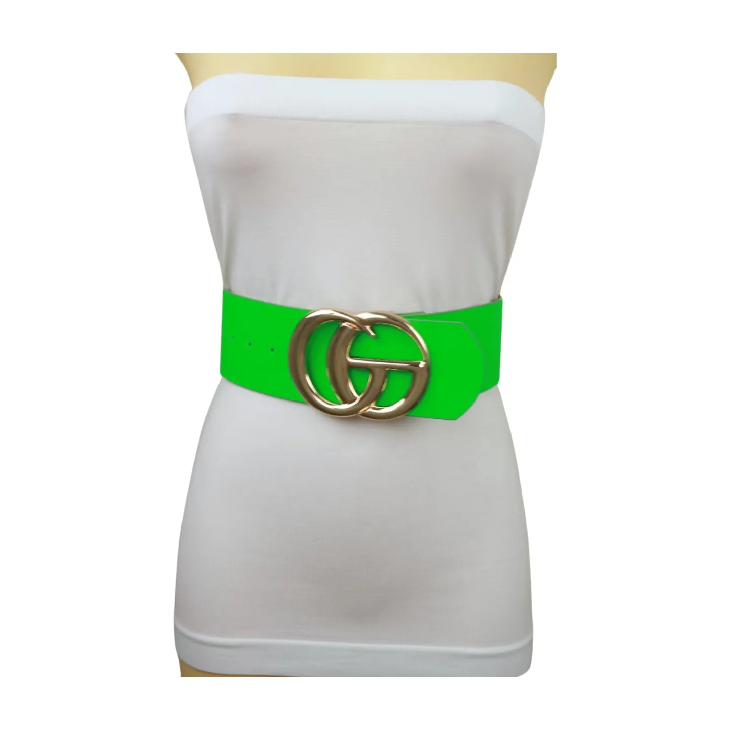 Women Bright Green Neon Wide Faux Leather Belt Gold Metal Circle Buckle S M