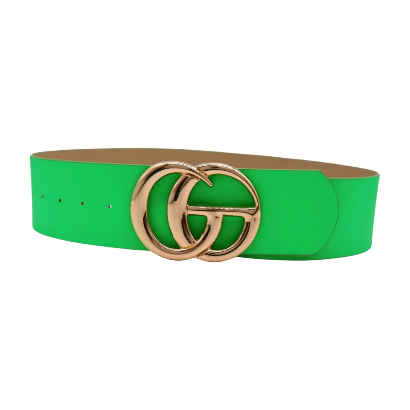 Women Bright Green Neon Wide Faux Leather Belt Gold Metal Circle Buckle S M