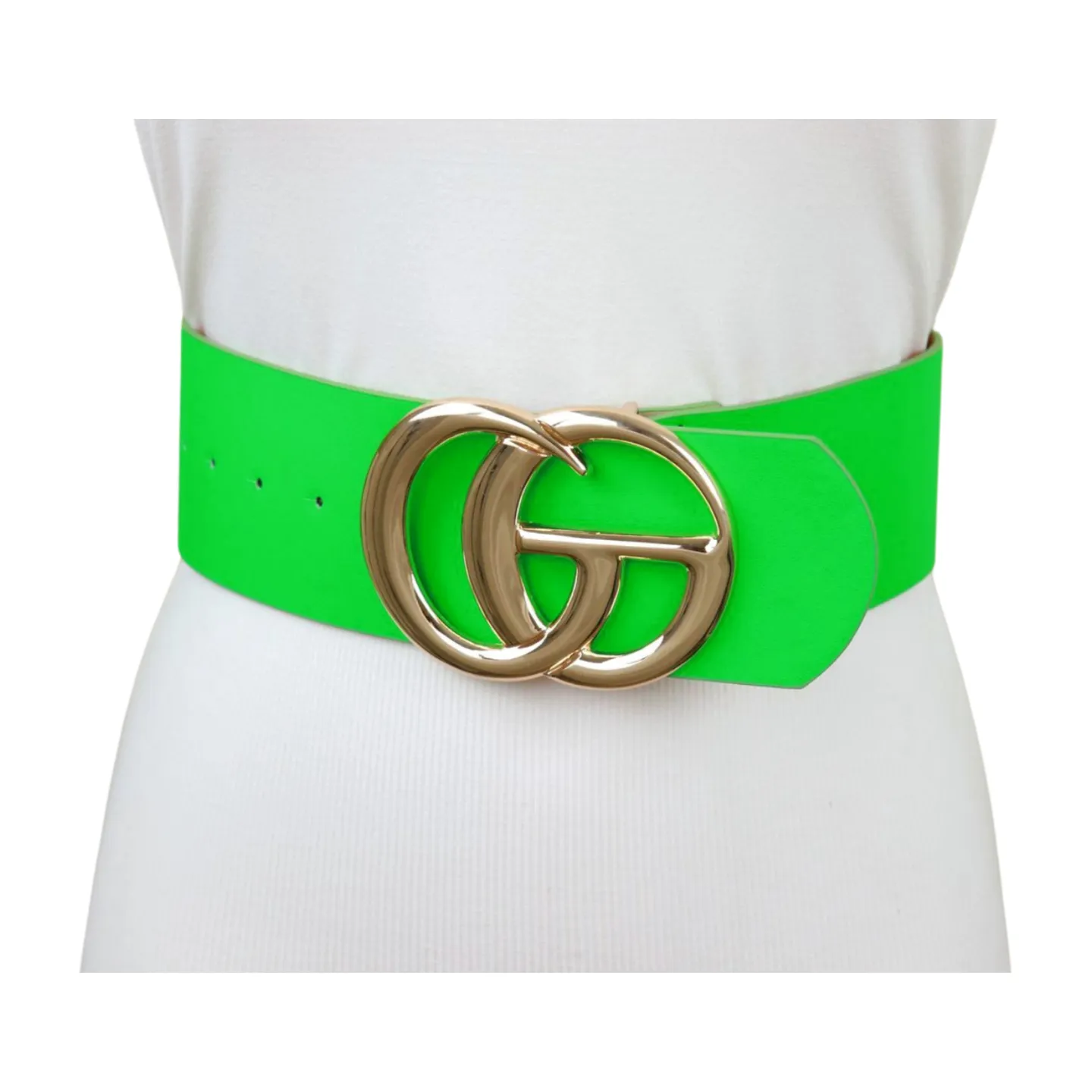 Women Bright Green Neon Wide Faux Leather Belt Gold Metal Circle Buckle S M