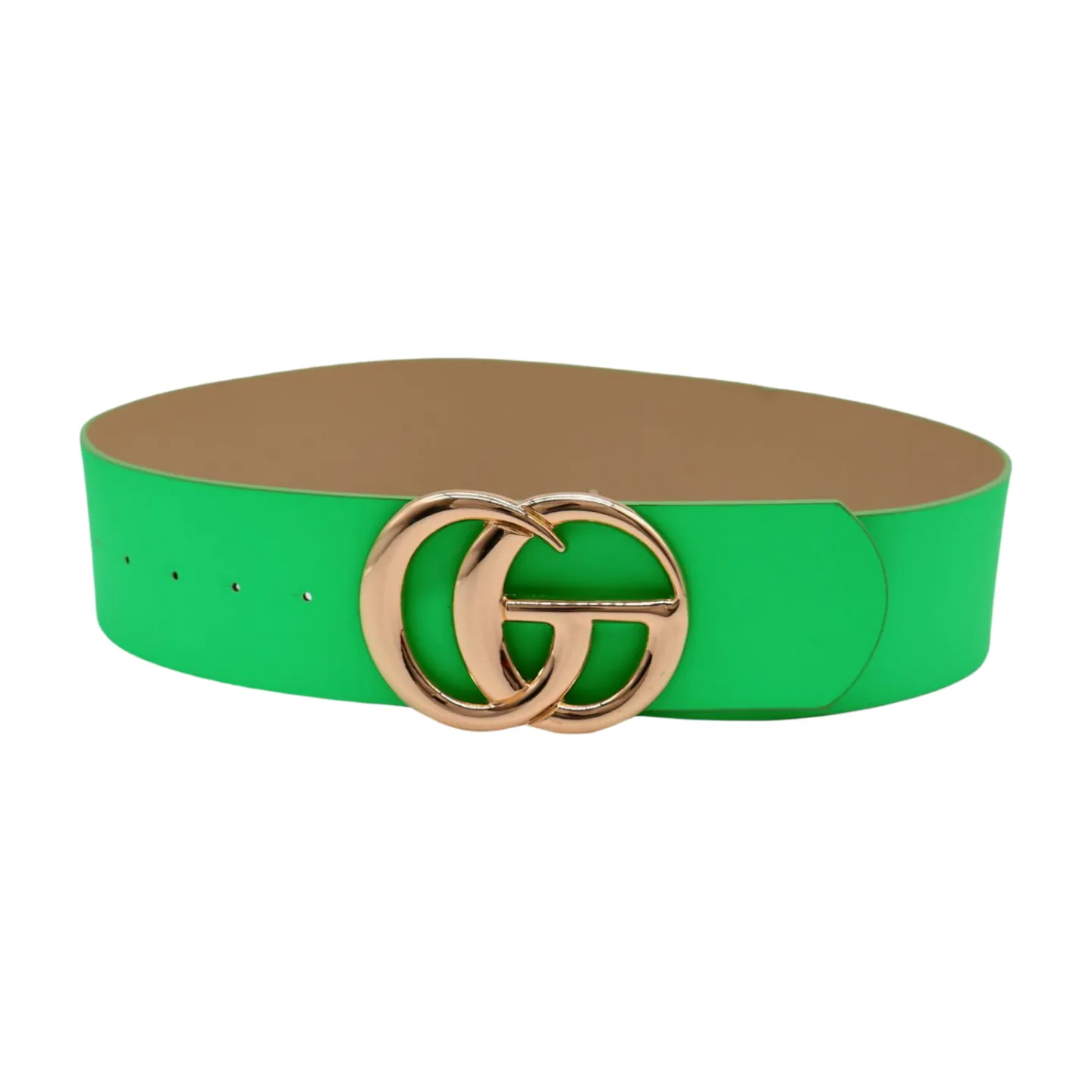 Women Bright Green Neon Wide Faux Leather Belt Gold Metal Circle Buckle S M