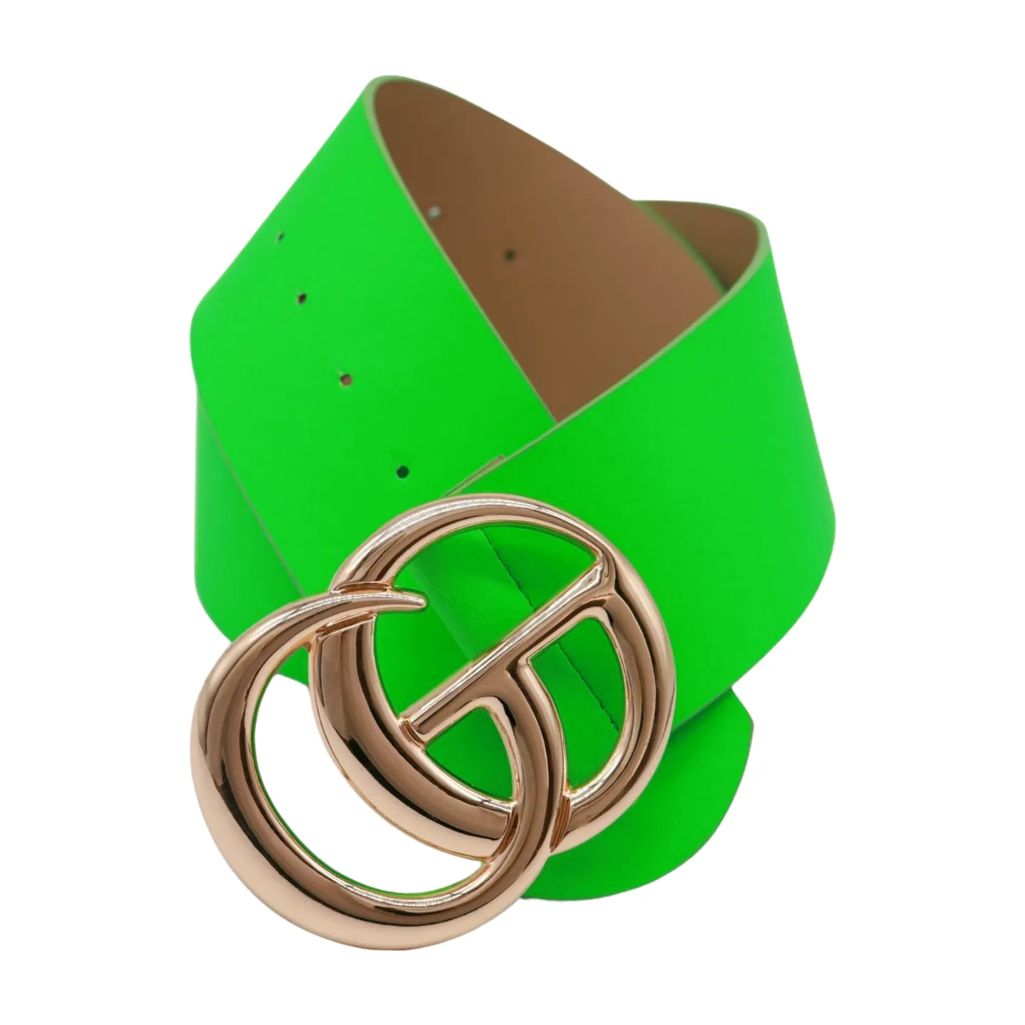 Women Bright Green Neon Wide Faux Leather Belt Gold Metal Circle Buckle S M