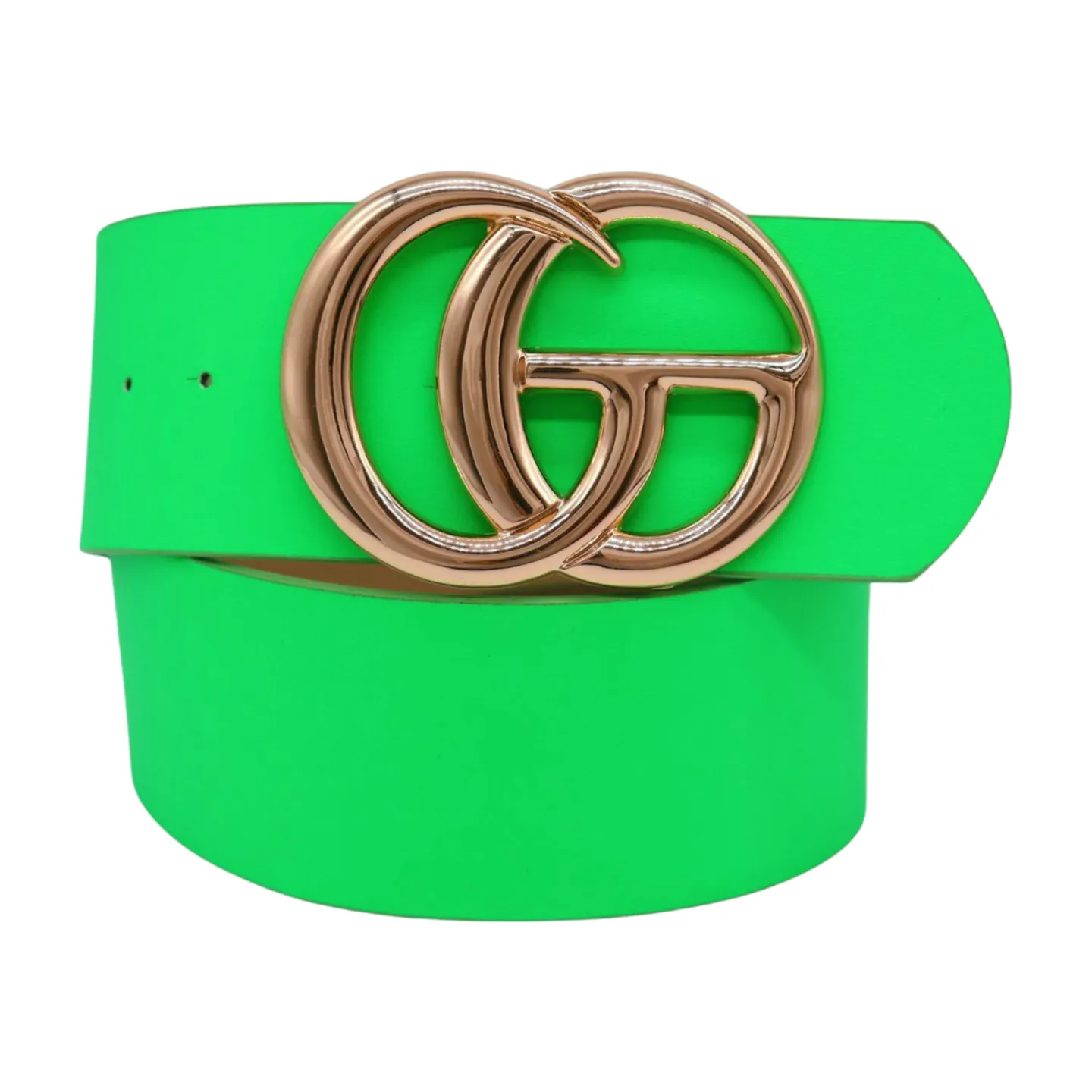 Women Bright Green Neon Wide Faux Leather Belt Gold Metal Circle Buckle S M