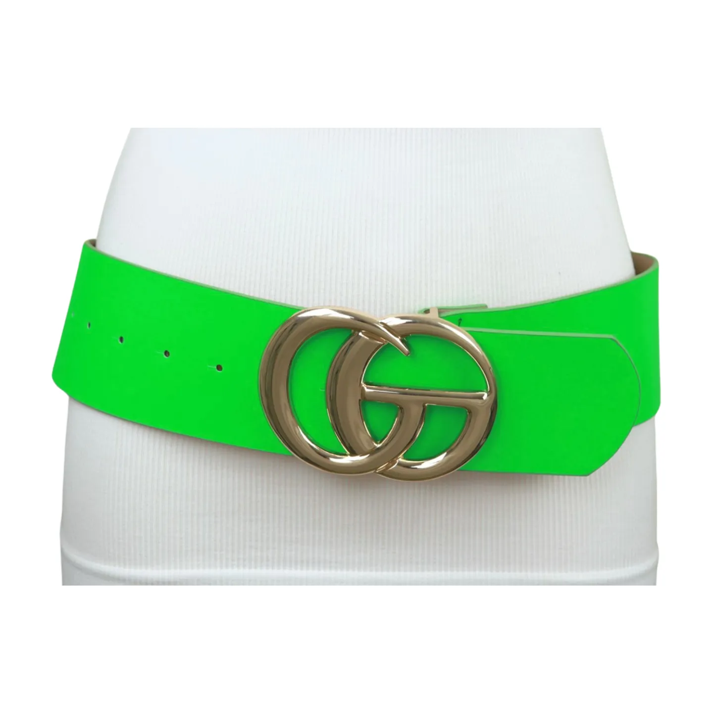 Women Bright Green Neon Wide Faux Leather Belt Gold Metal Circle Buckle S M