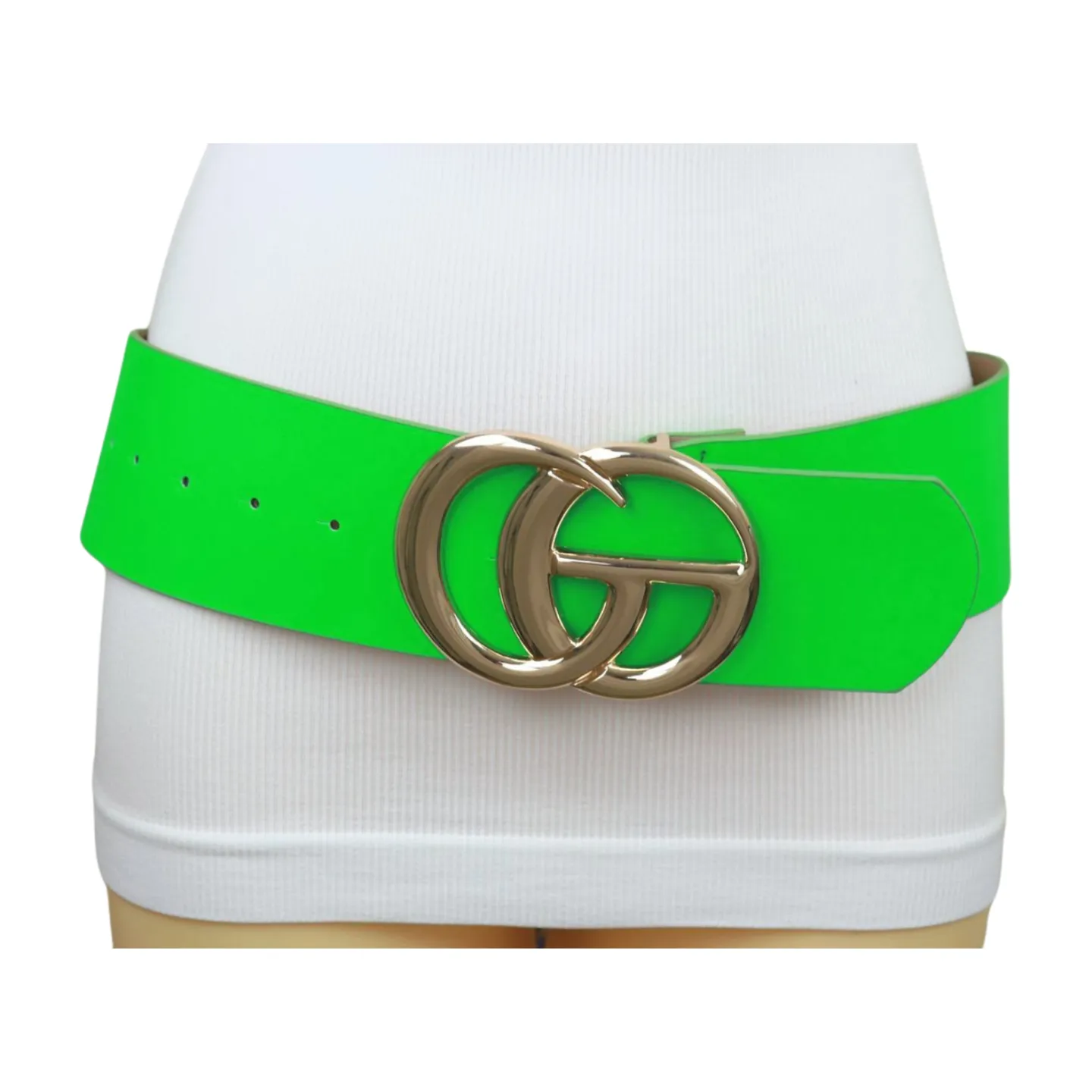 Women Bright Green Neon Wide Faux Leather Belt Gold Metal Circle Buckle S M