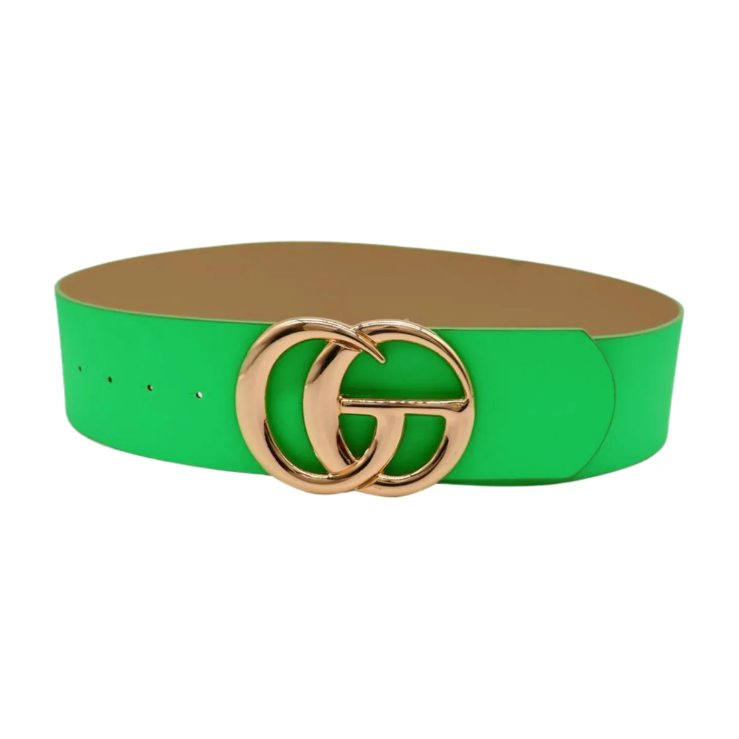 Women Bright Green Neon Wide Faux Leather Belt Gold Metal Circle Buckle S M