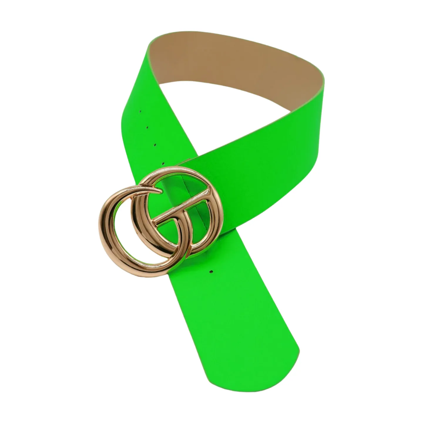 Women Bright Green Neon Wide Faux Leather Belt Gold Metal Circle Buckle S M