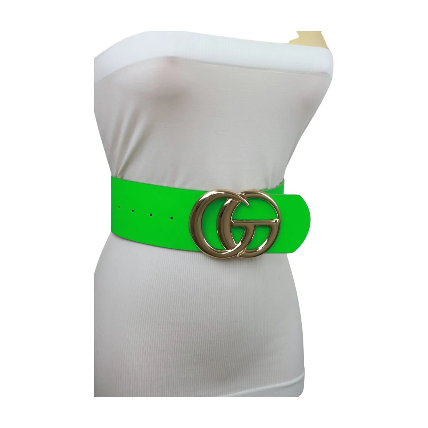 Women Bright Green Neon Wide Faux Leather Belt Gold Metal Circle Buckle S M