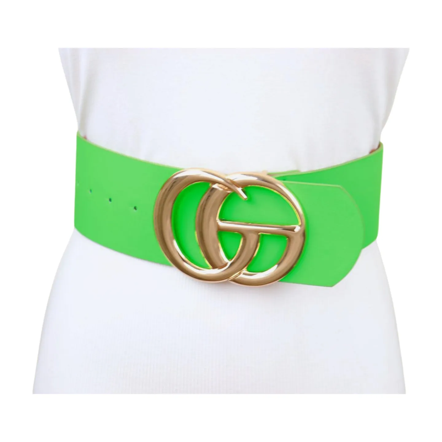 Women Bright Green Neon Wide Faux Leather Belt Gold Metal Circle Buckle S M