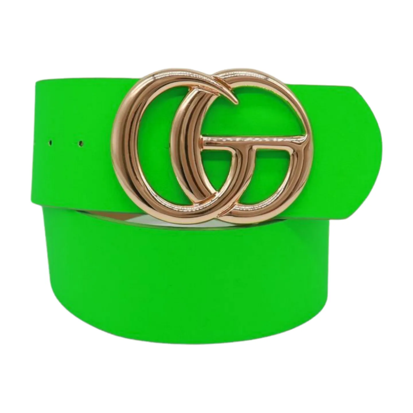Women Bright Green Neon Wide Faux Leather Belt Gold Metal Circle Buckle S M