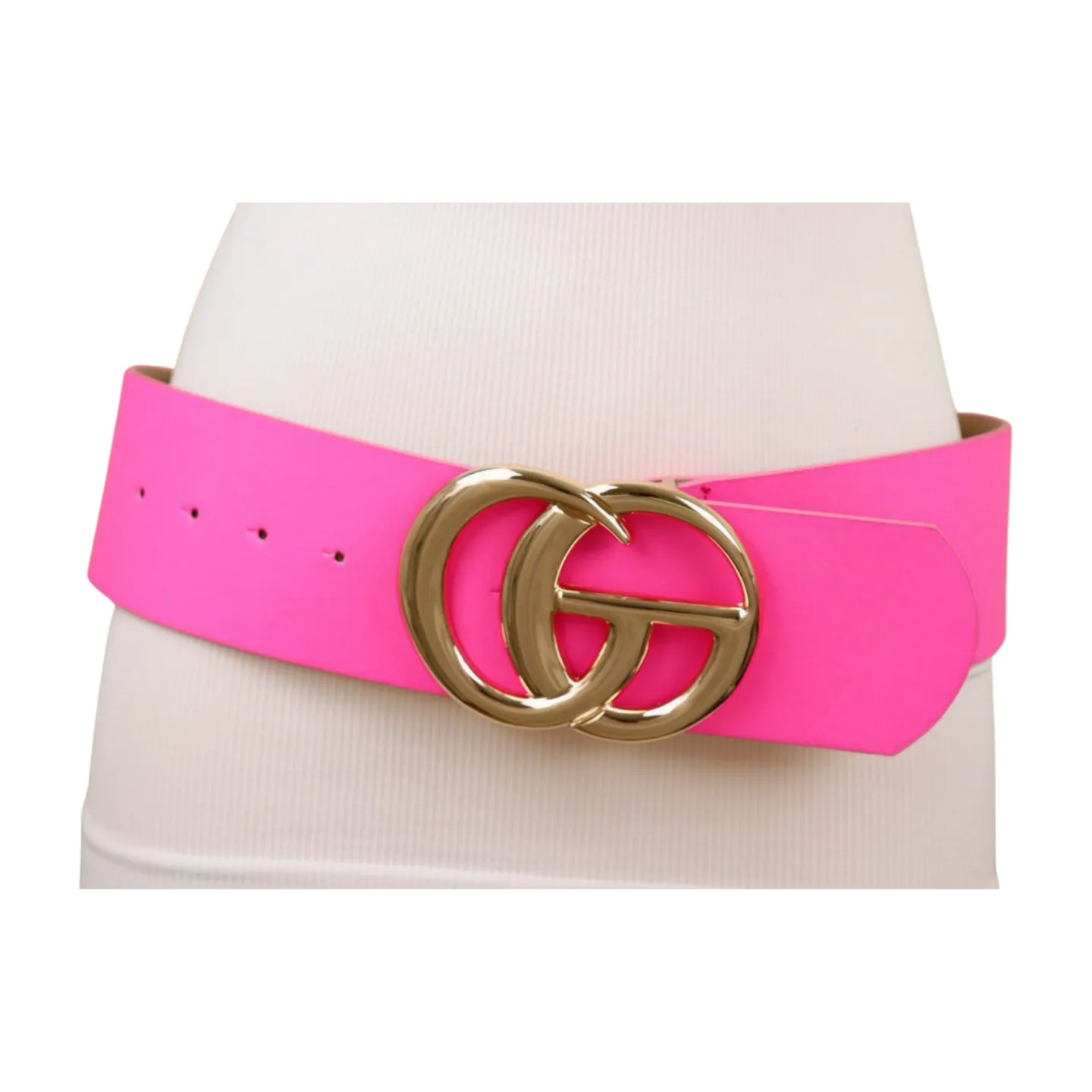 Women Bright Pink Wide Faux Leather Belt Gold Metal Circle Buckle Size S M
