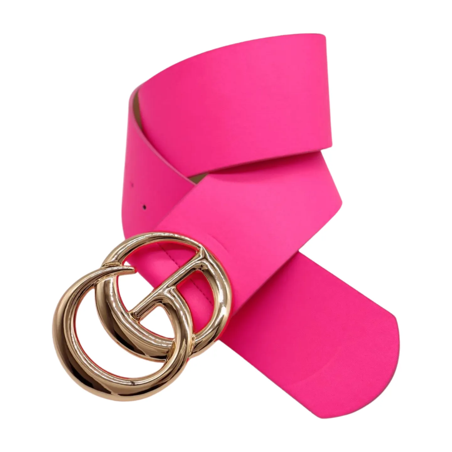 Women Bright Pink Wide Faux Leather Belt Gold Metal Circle Buckle Size S M
