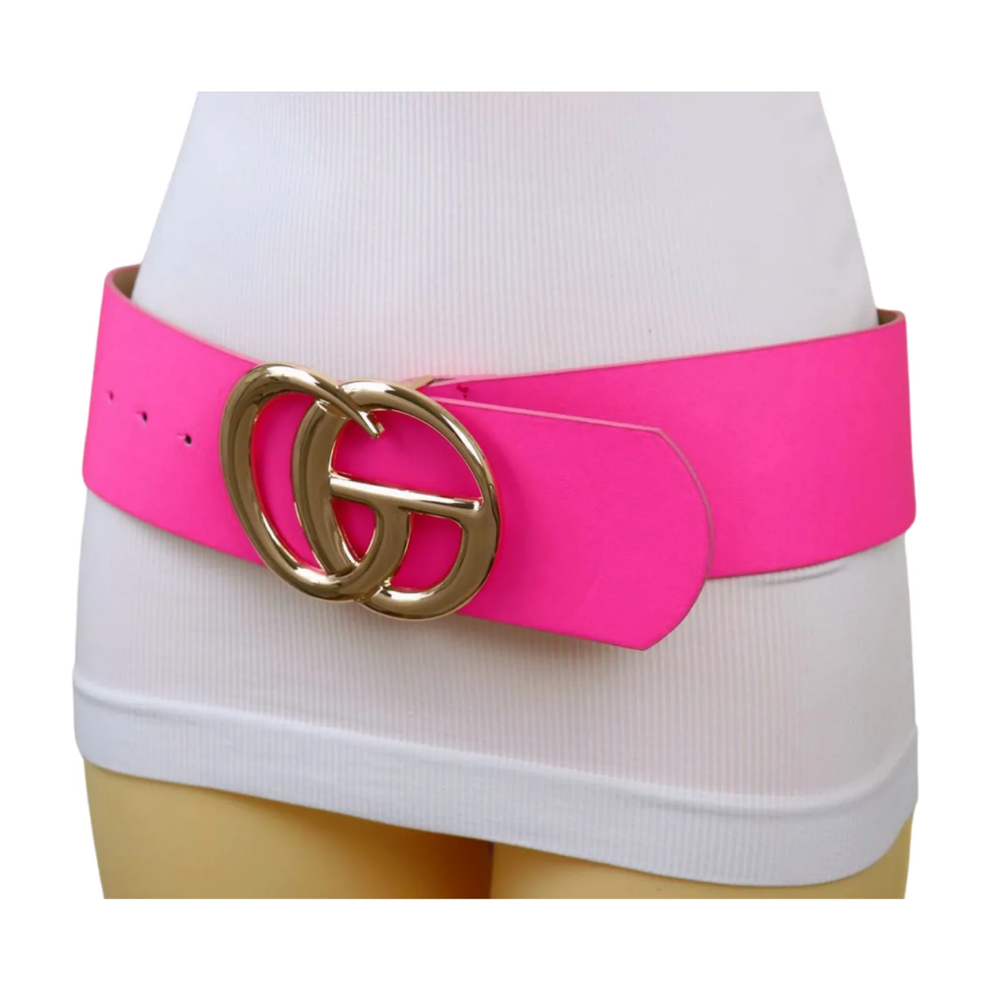 Women Bright Pink Wide Faux Leather Belt Gold Metal Circle Buckle Size S M