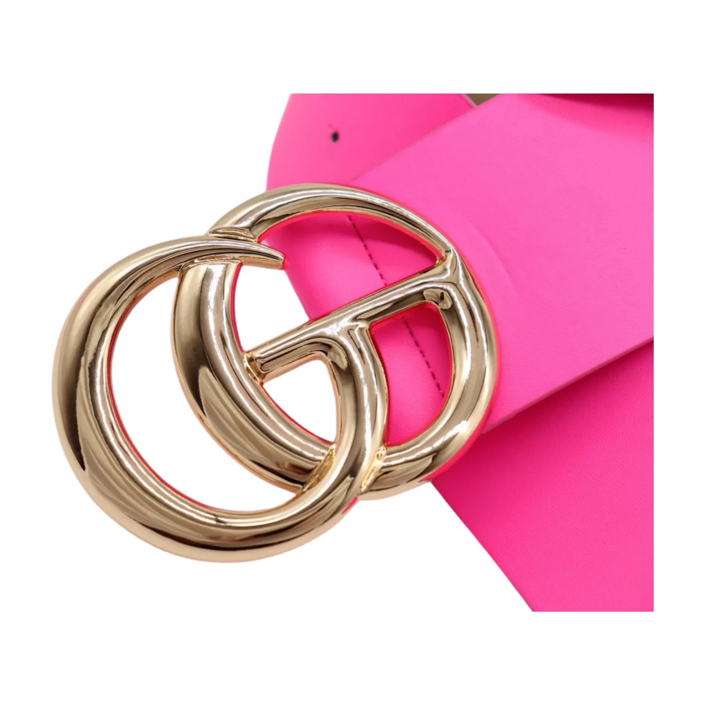 Women Bright Pink Wide Faux Leather Belt Gold Metal Circle Buckle Size S M