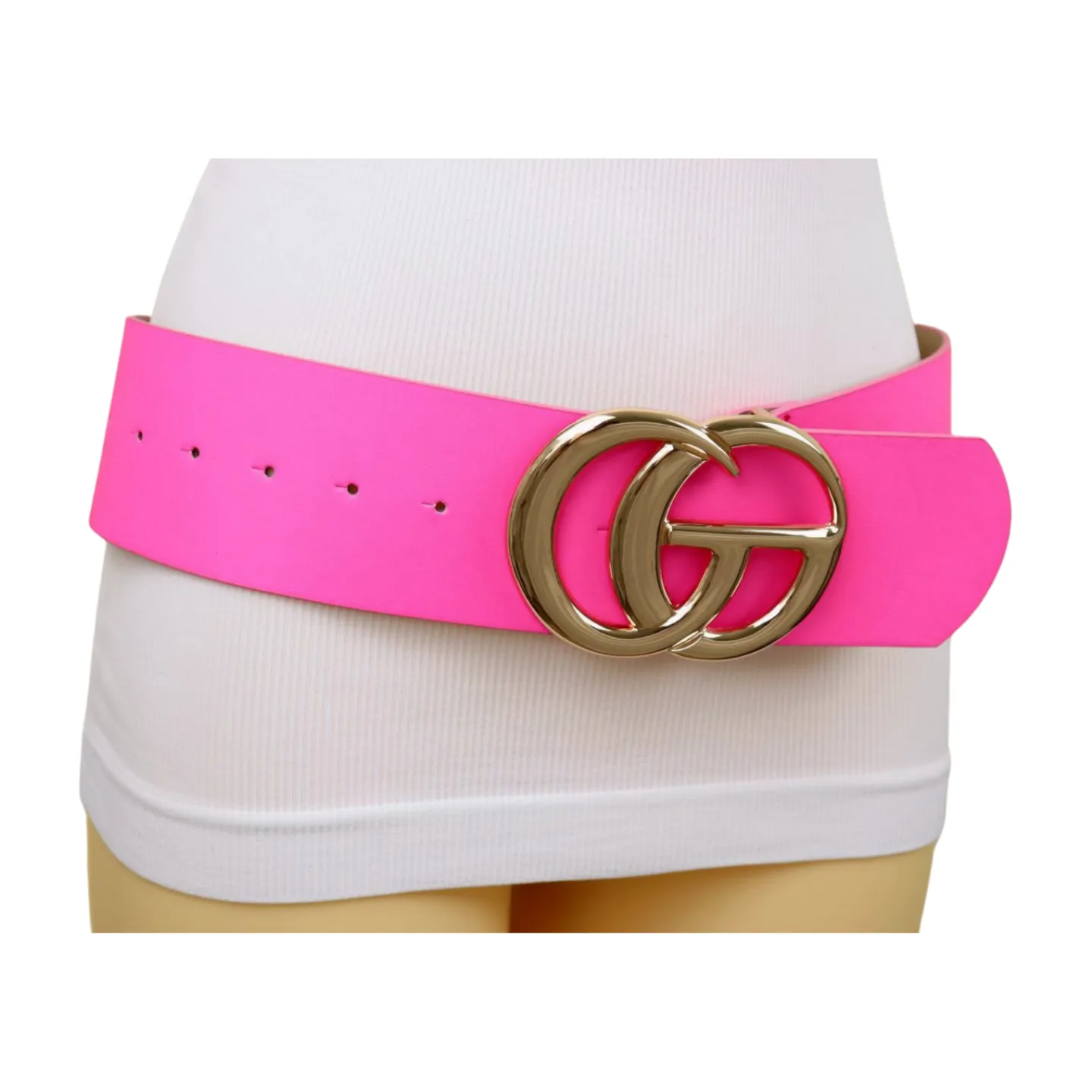 Women Bright Pink Wide Faux Leather Belt Gold Metal Circle Buckle Size S M