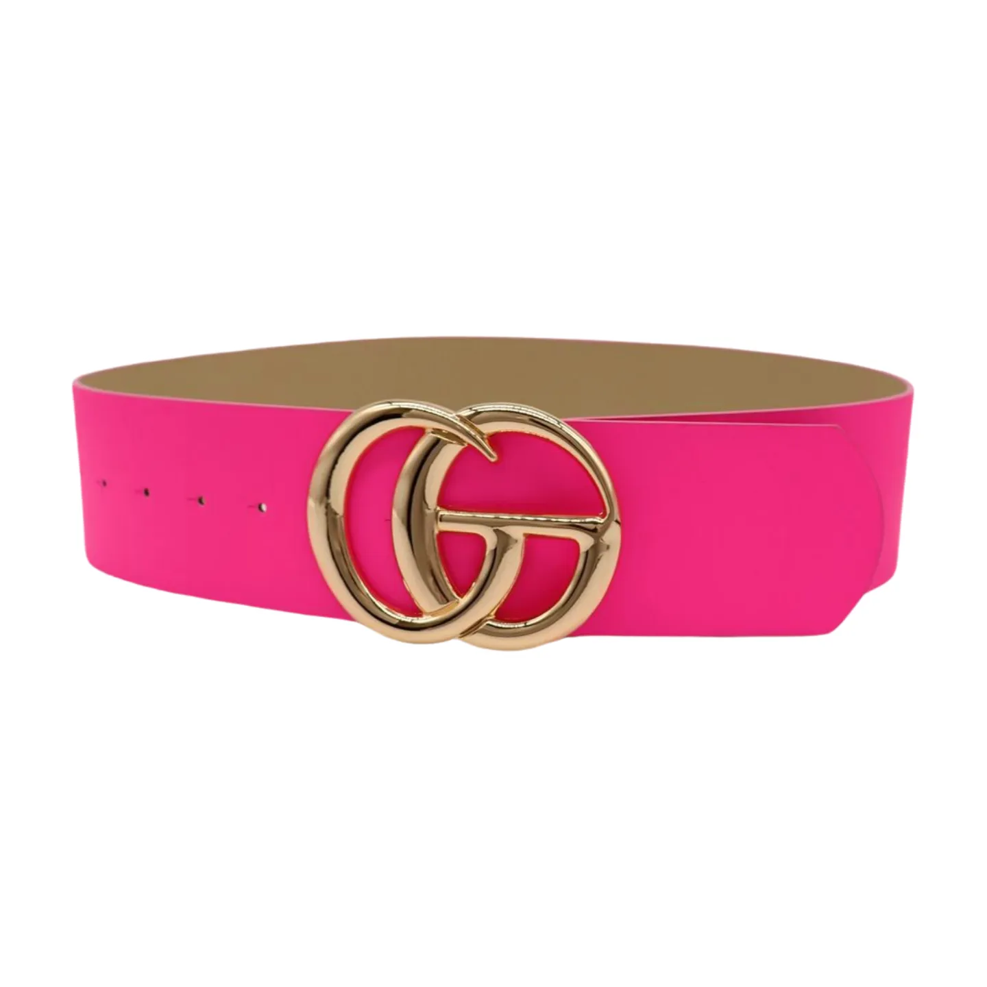 Women Bright Pink Wide Faux Leather Belt Gold Metal Circle Buckle Size S M
