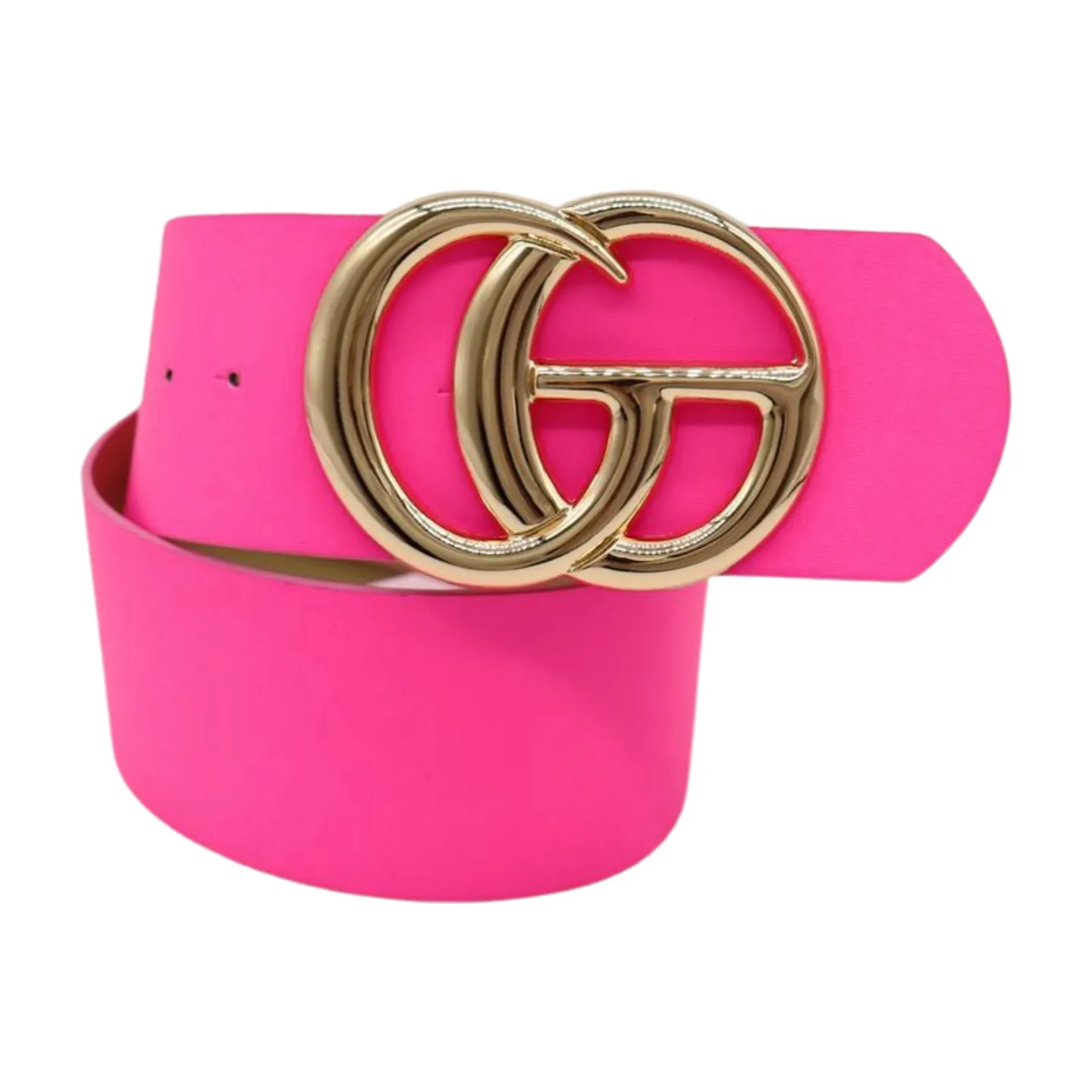 Women Bright Pink Wide Faux Leather Belt Gold Metal Circle Buckle Size S M