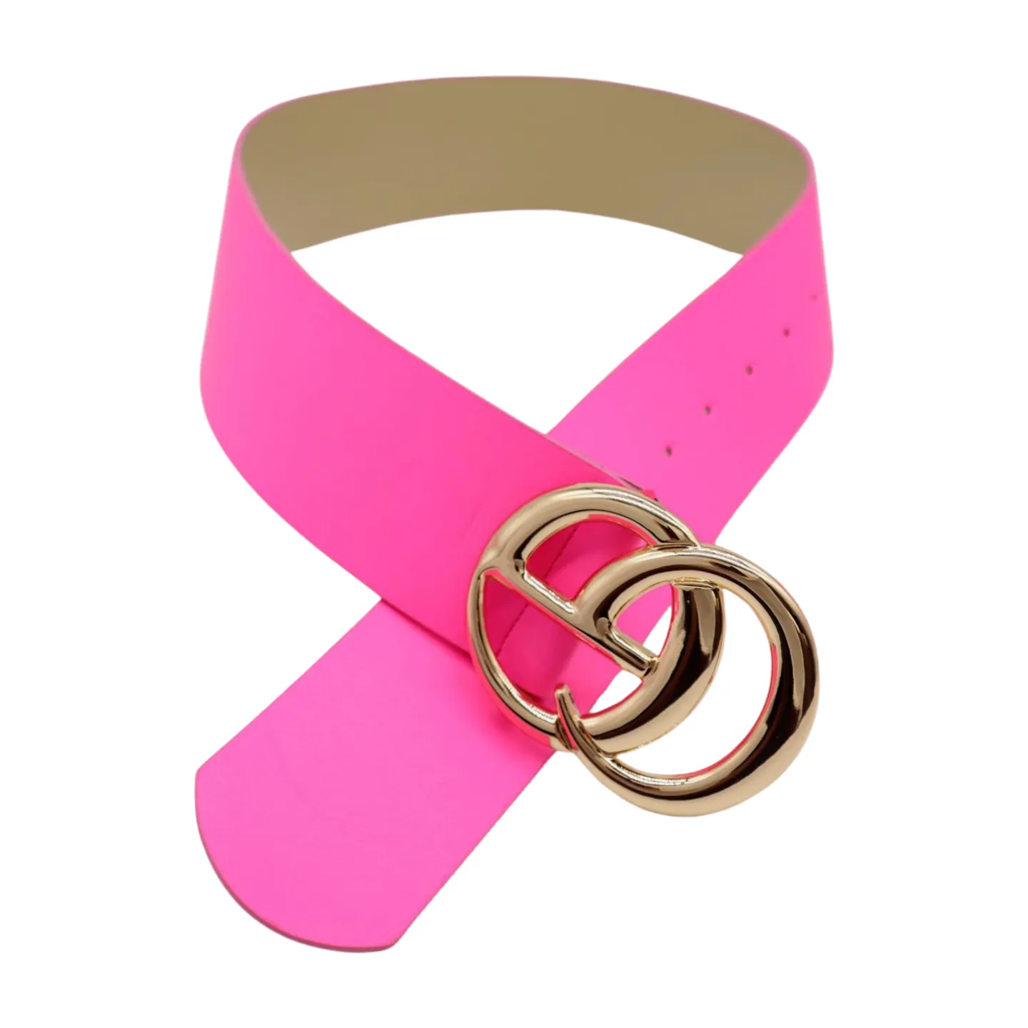 Women Bright Pink Wide Faux Leather Belt Gold Metal Circle Buckle Size S M