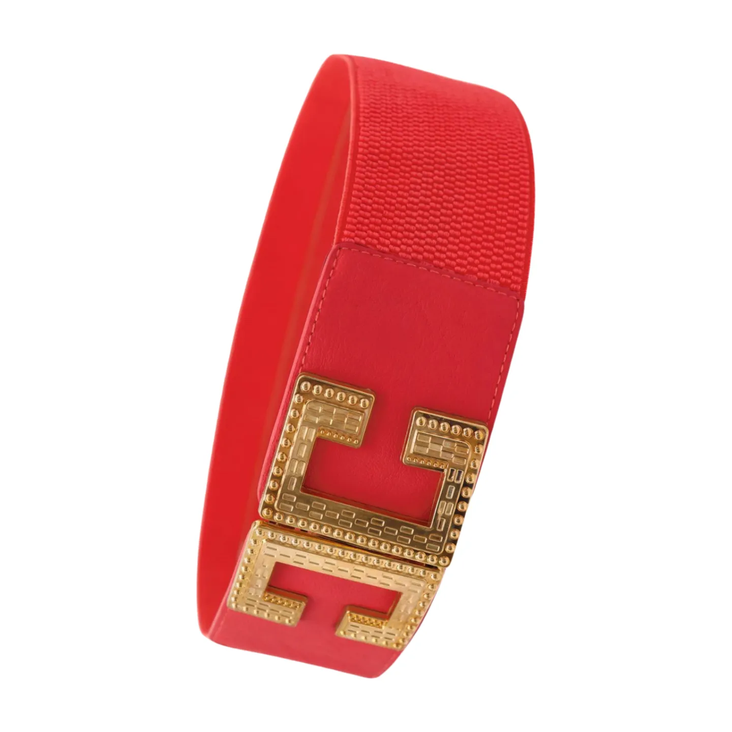 Women Coral Elastic Wide Fashion Belt Gold Metal C Buckle Adjustable S M