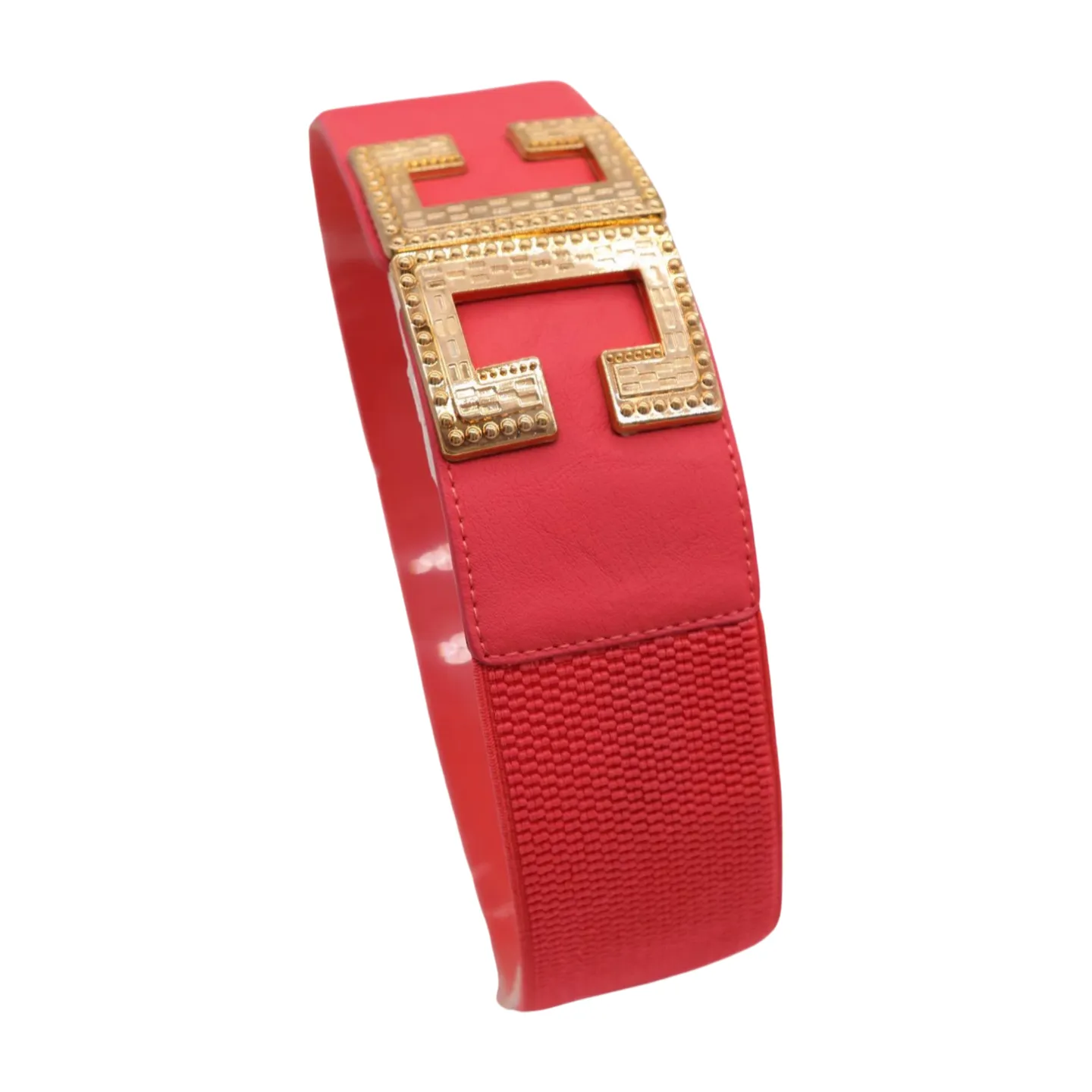 Women Coral Elastic Wide Fashion Belt Gold Metal C Buckle Adjustable S M
