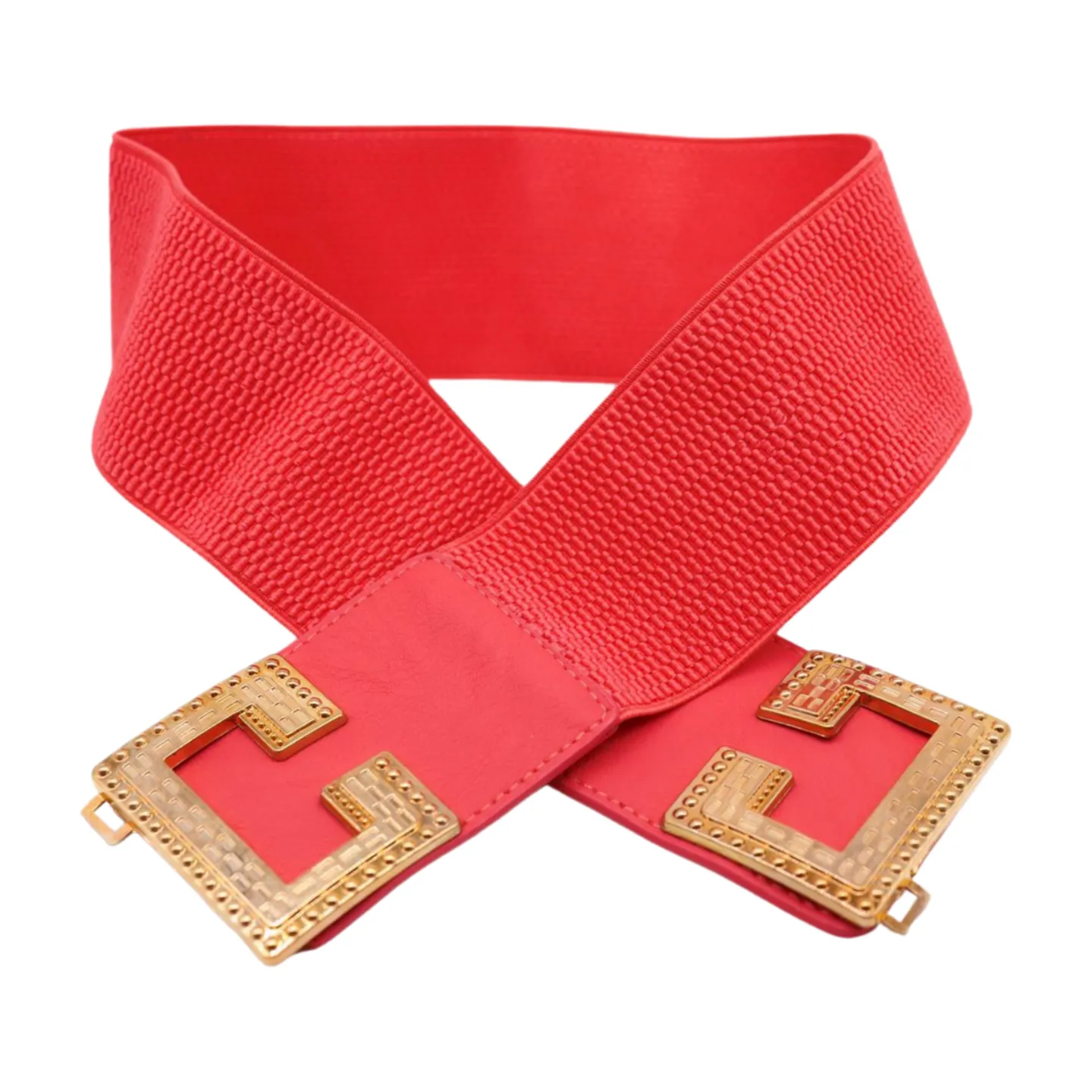 Women Coral Elastic Wide Fashion Belt Gold Metal C Buckle Adjustable S M