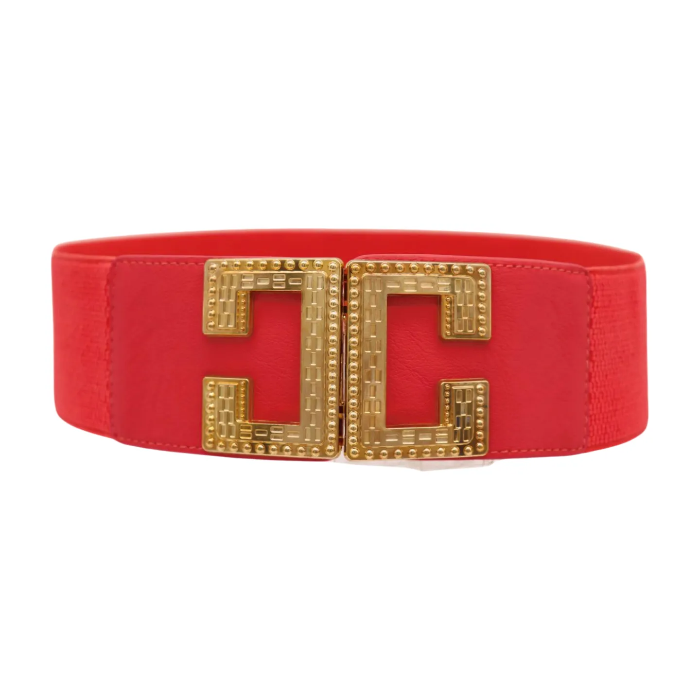 Women Coral Elastic Wide Fashion Belt Gold Metal C Buckle Adjustable S M