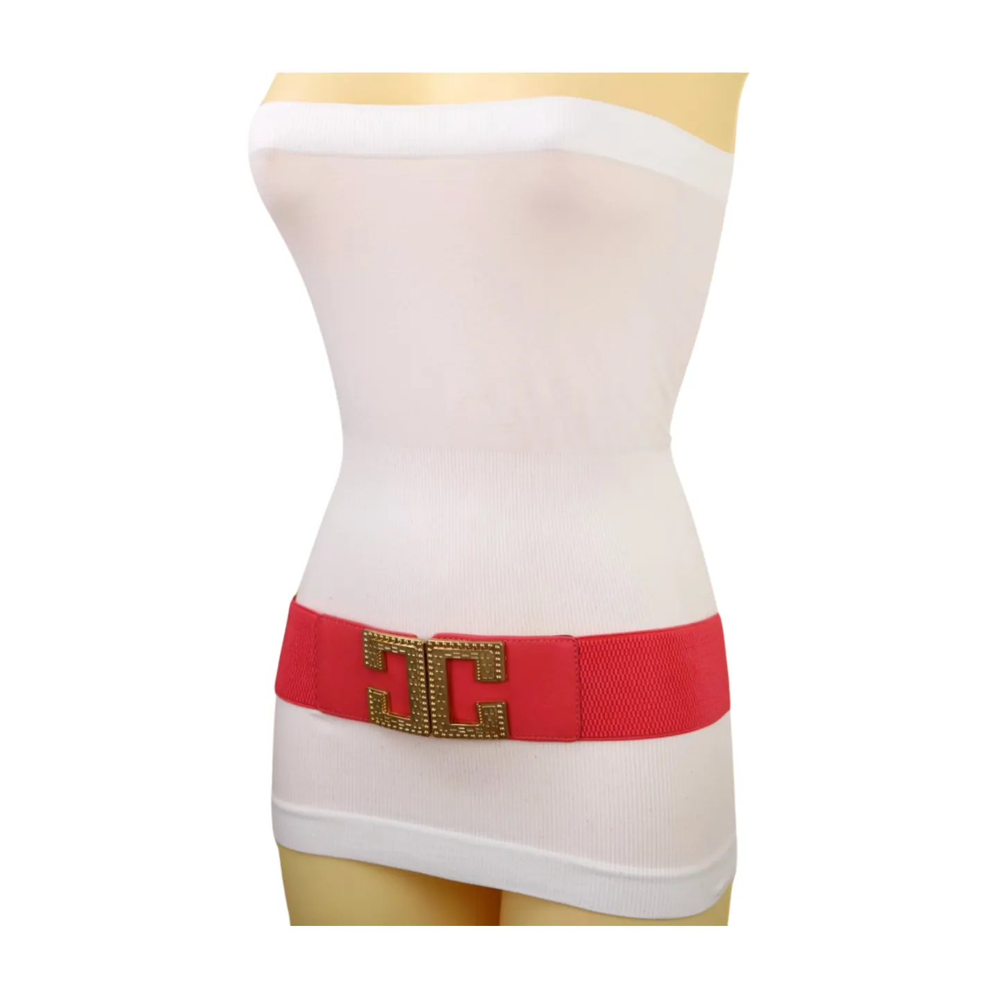 Women Coral Elastic Wide Fashion Belt Gold Metal C Buckle Adjustable S M