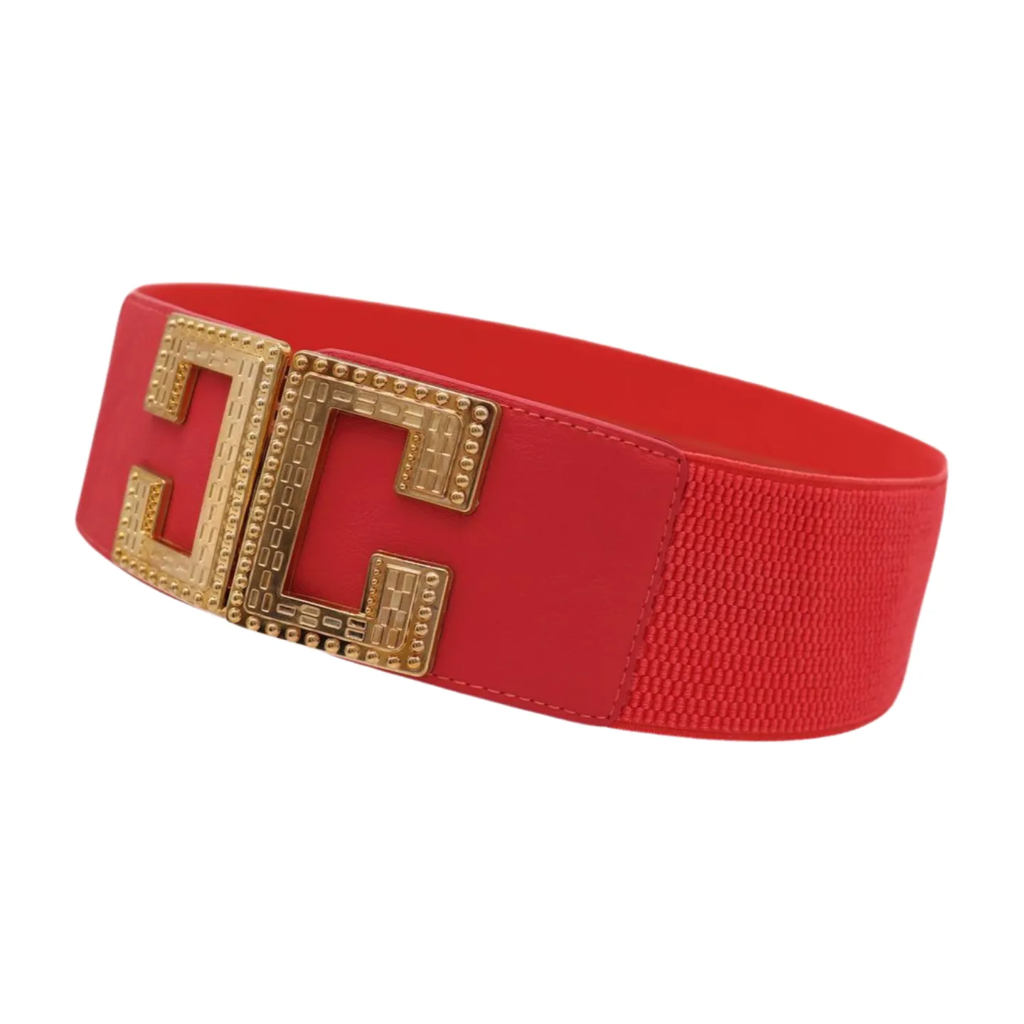 Women Coral Elastic Wide Fashion Belt Gold Metal C Buckle Adjustable S M