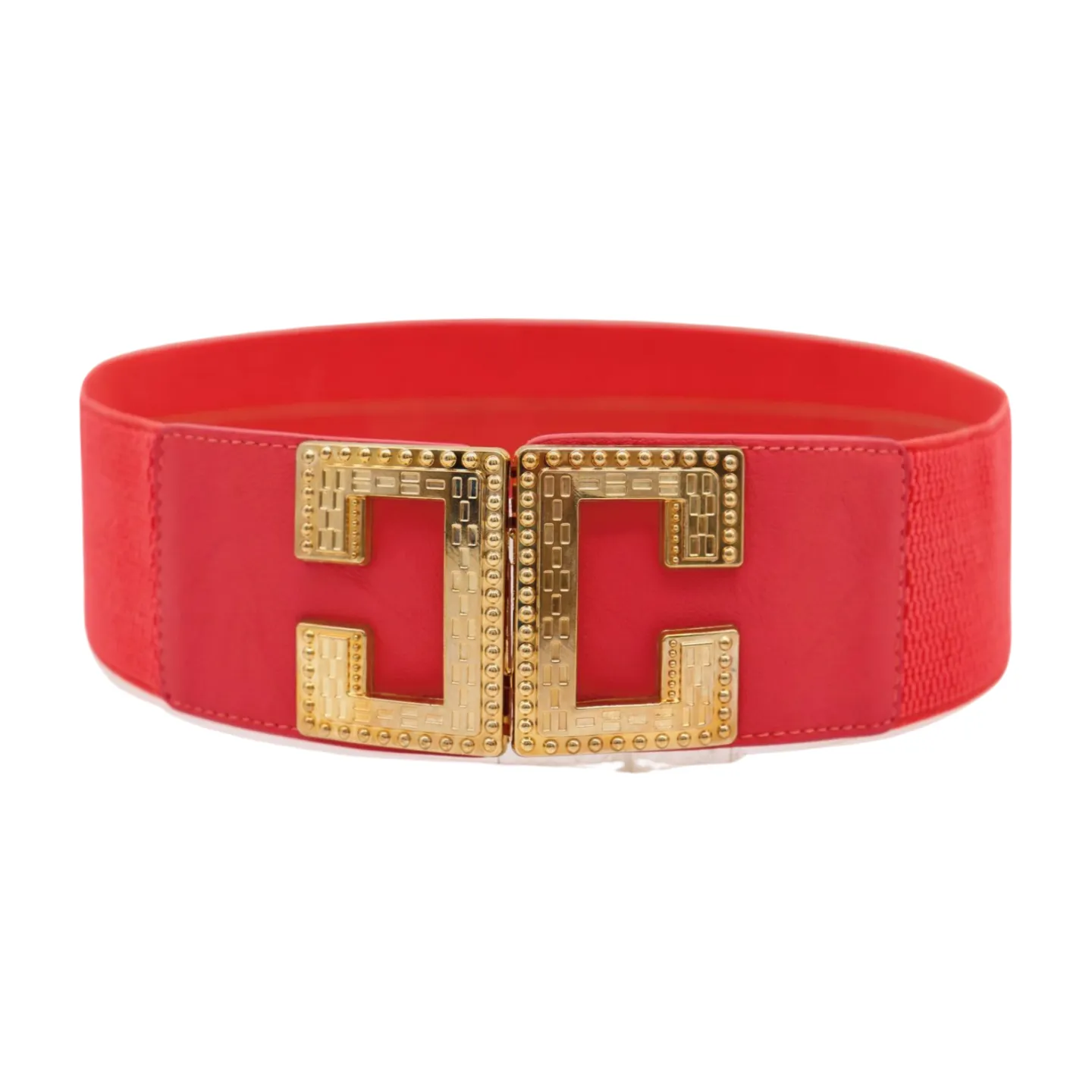 Women Coral Elastic Wide Fashion Belt Gold Metal C Buckle Adjustable S M