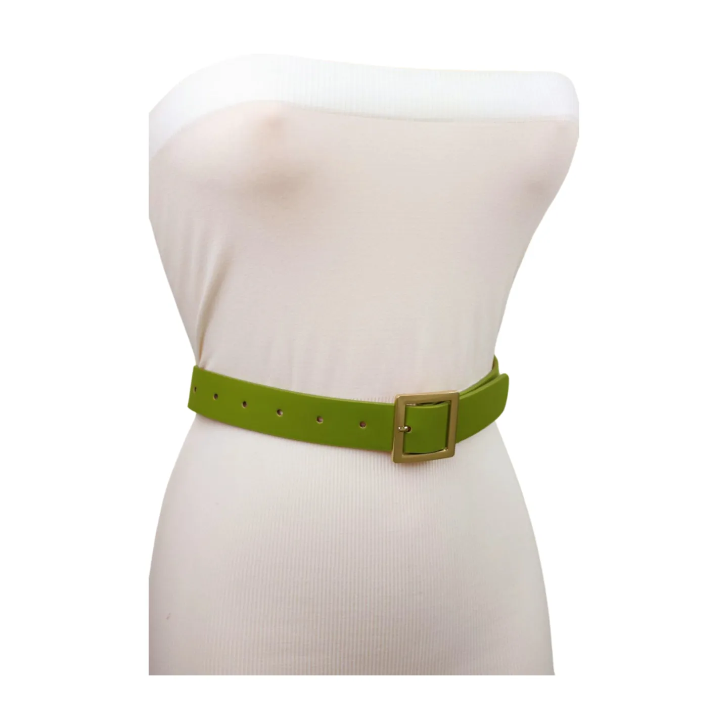 Women Green Faux Leather Skinny Belt Gold Square Buckle Adjustable Size S M
