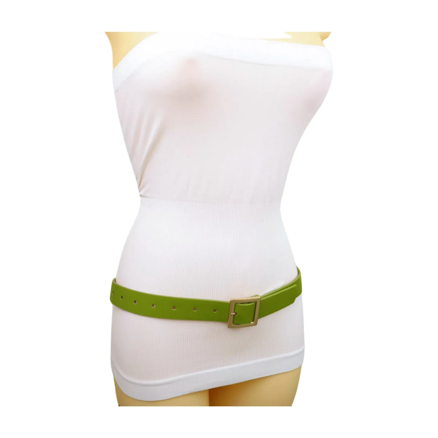 Women Green Faux Leather Skinny Belt Gold Square Buckle Adjustable Size S M