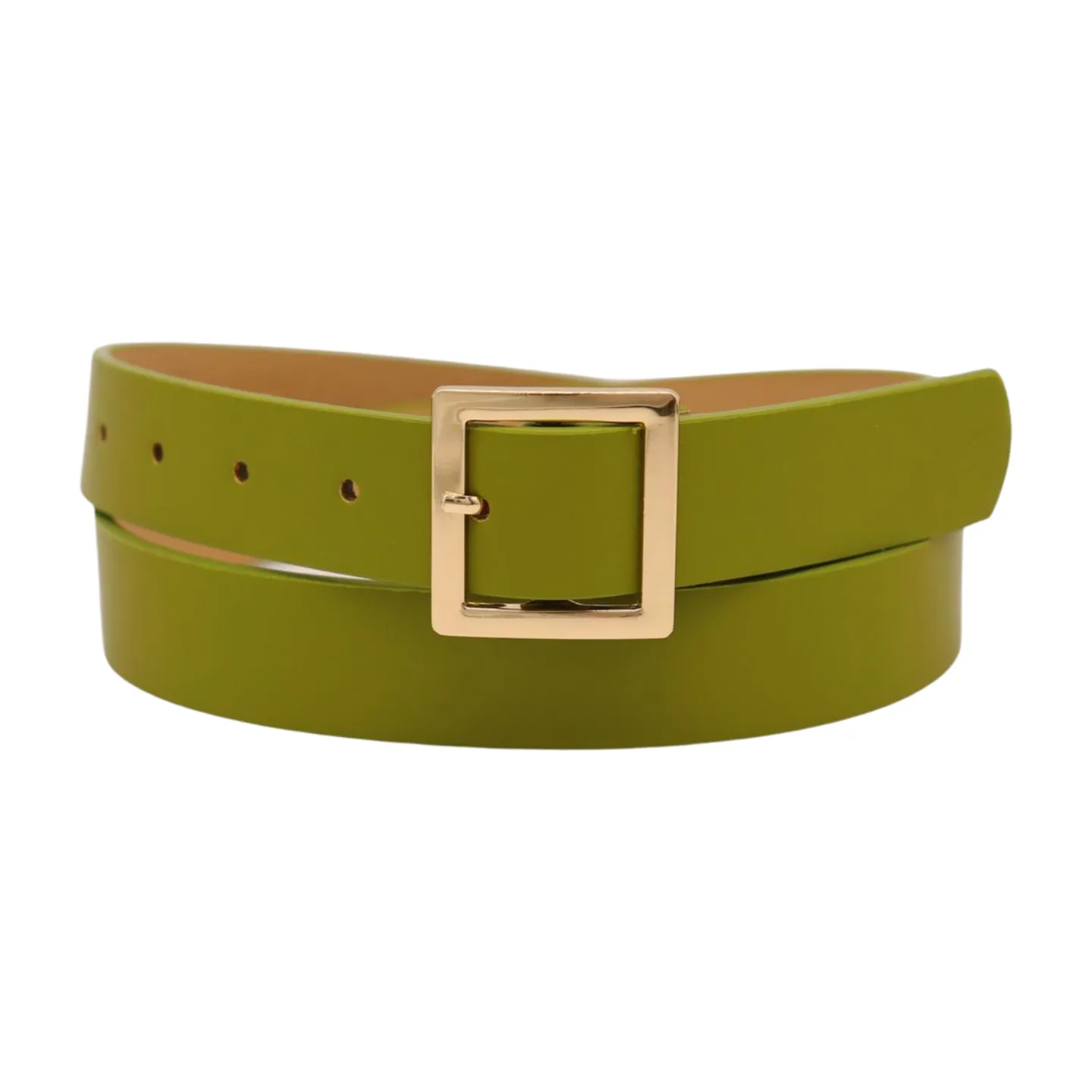 Women Green Faux Leather Skinny Belt Gold Square Buckle Adjustable Size S M