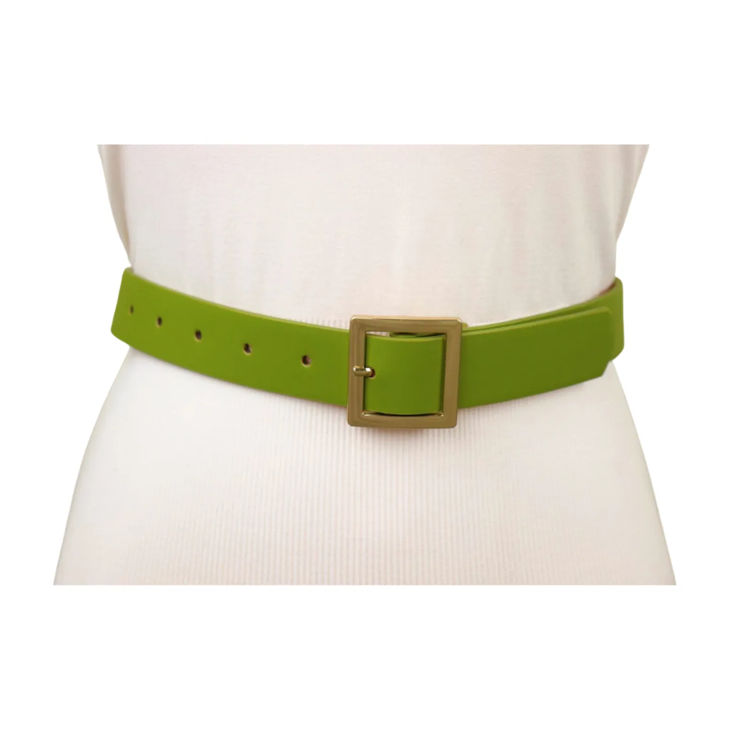 Women Green Faux Leather Skinny Belt Gold Square Buckle Adjustable Size S M
