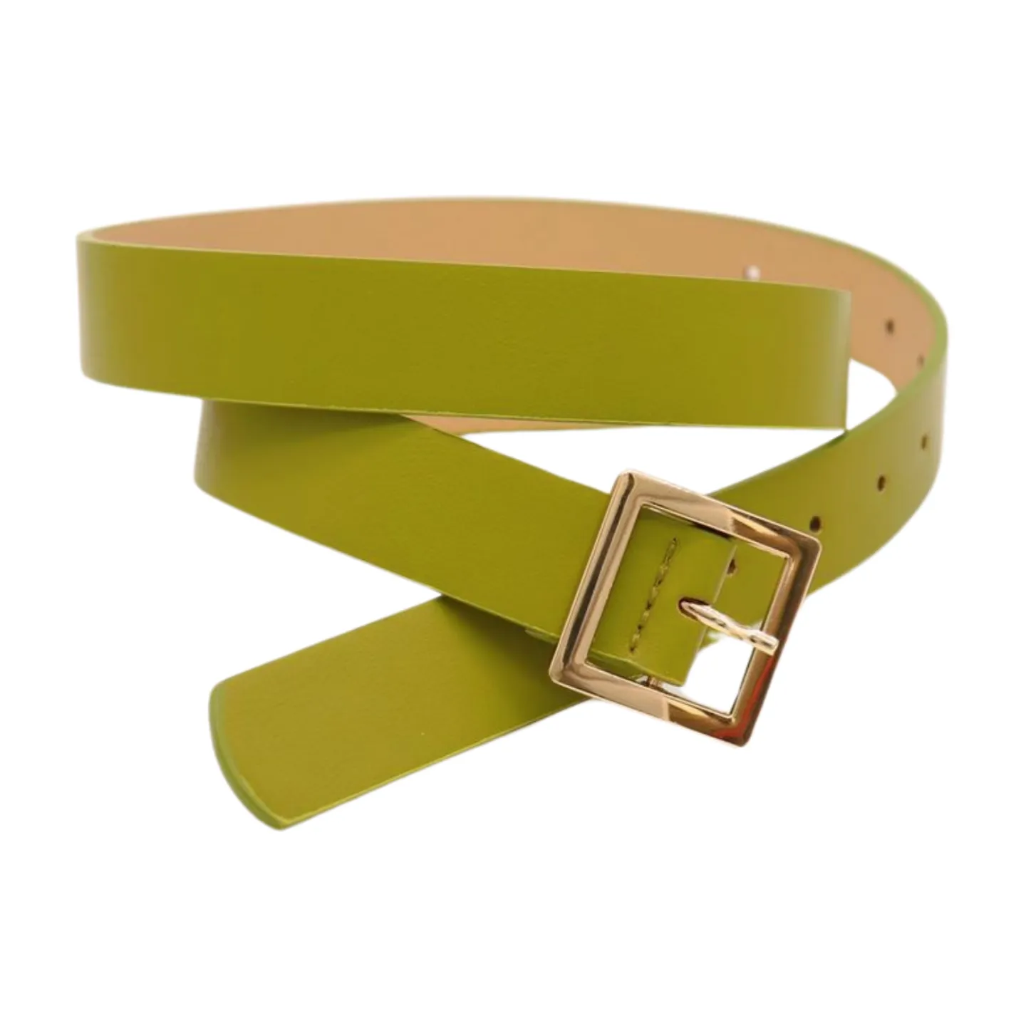 Women Green Faux Leather Skinny Belt Gold Square Buckle Adjustable Size S M