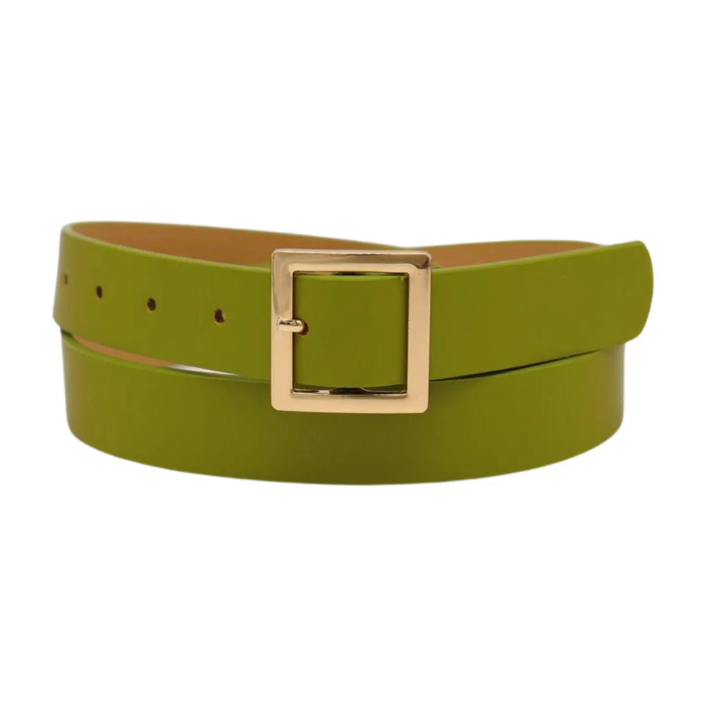 Women Green Faux Leather Skinny Belt Gold Square Buckle Adjustable Size S M