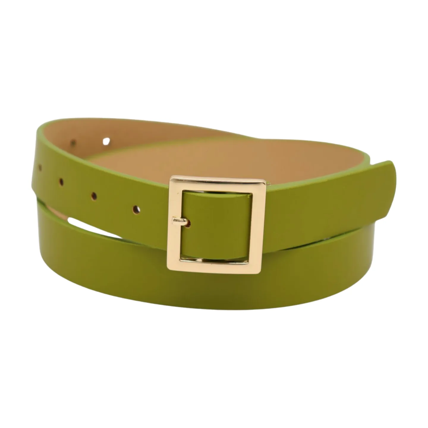 Women Green Faux Leather Skinny Belt Gold Square Buckle Adjustable Size S M