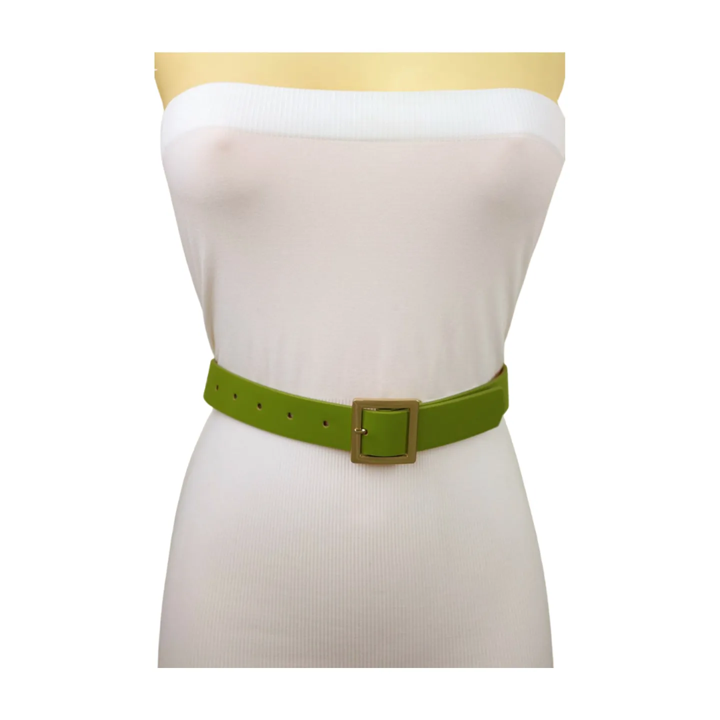 Women Green Faux Leather Skinny Belt Gold Square Buckle Adjustable Size S M