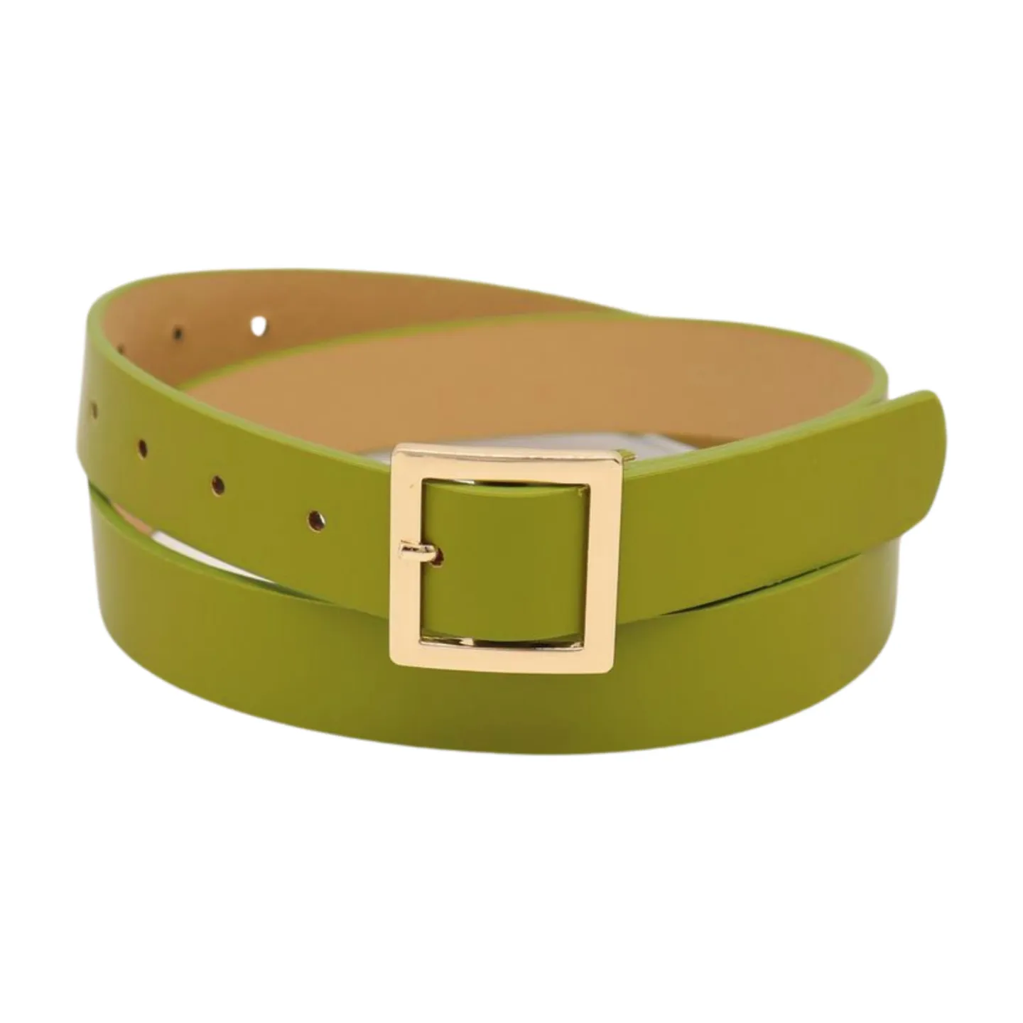 Women Green Faux Leather Skinny Belt Gold Square Buckle Adjustable Size S M