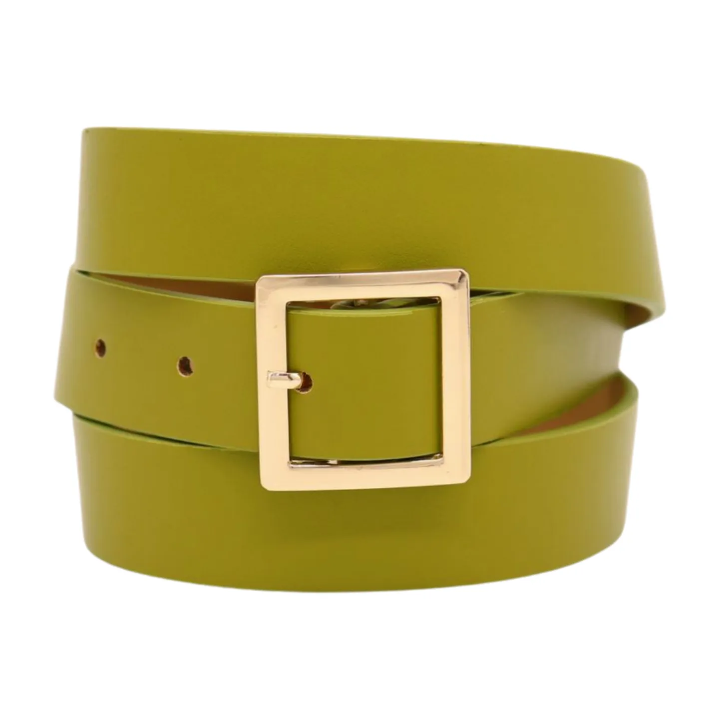 Women Green Faux Leather Skinny Belt Gold Square Buckle Adjustable Size S M