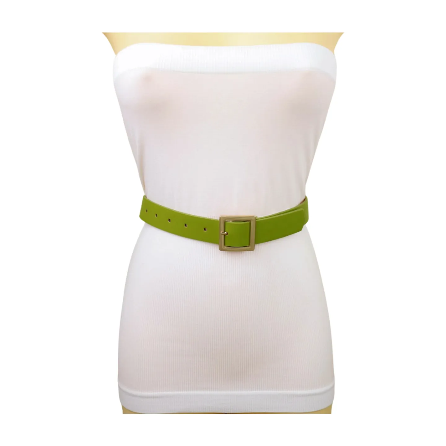 Women Green Faux Leather Skinny Belt Gold Square Buckle Adjustable Size S M