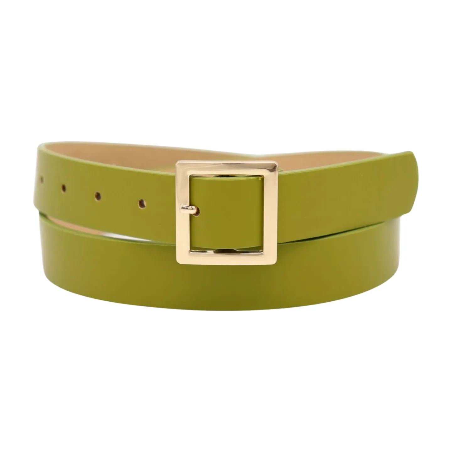 Women Green Faux Leather Skinny Belt Gold Square Buckle Adjustable Size S M