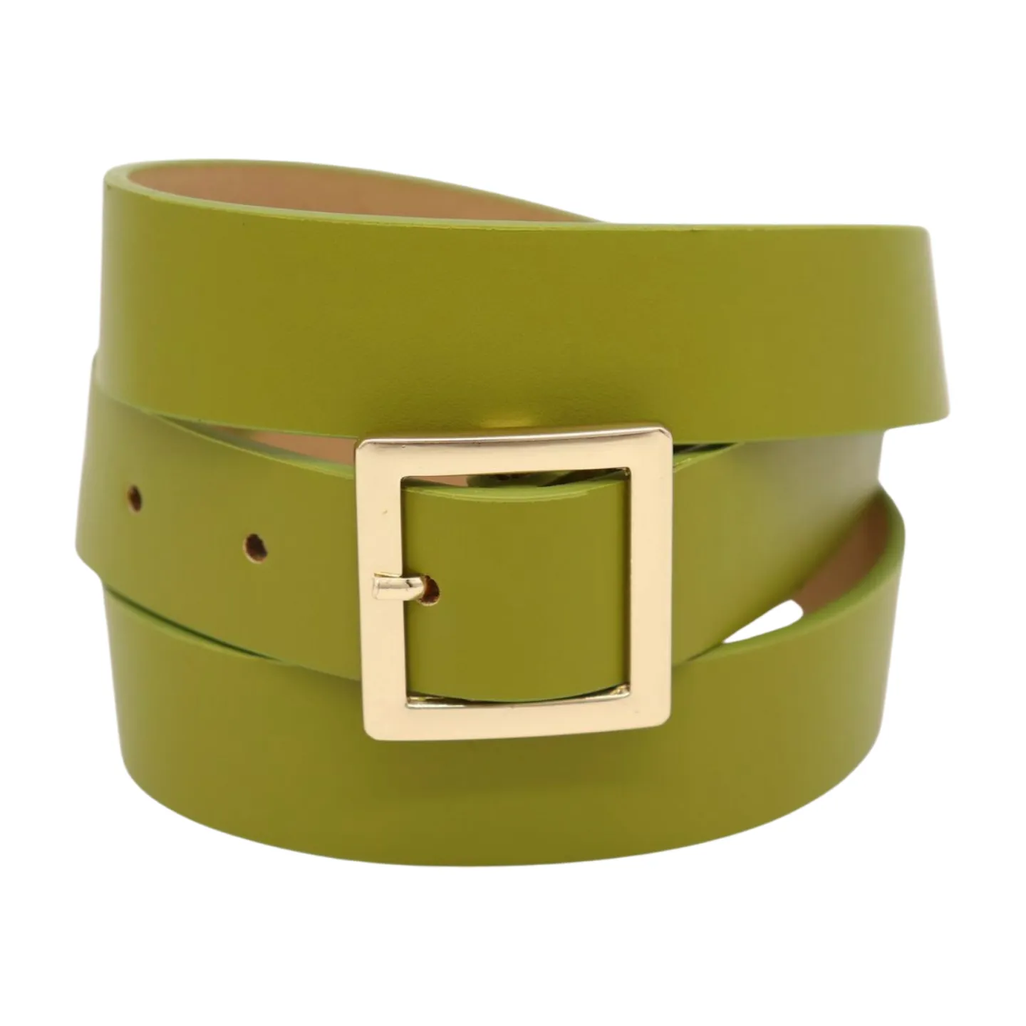 Women Green Faux Leather Skinny Belt Gold Square Buckle Adjustable Size S M