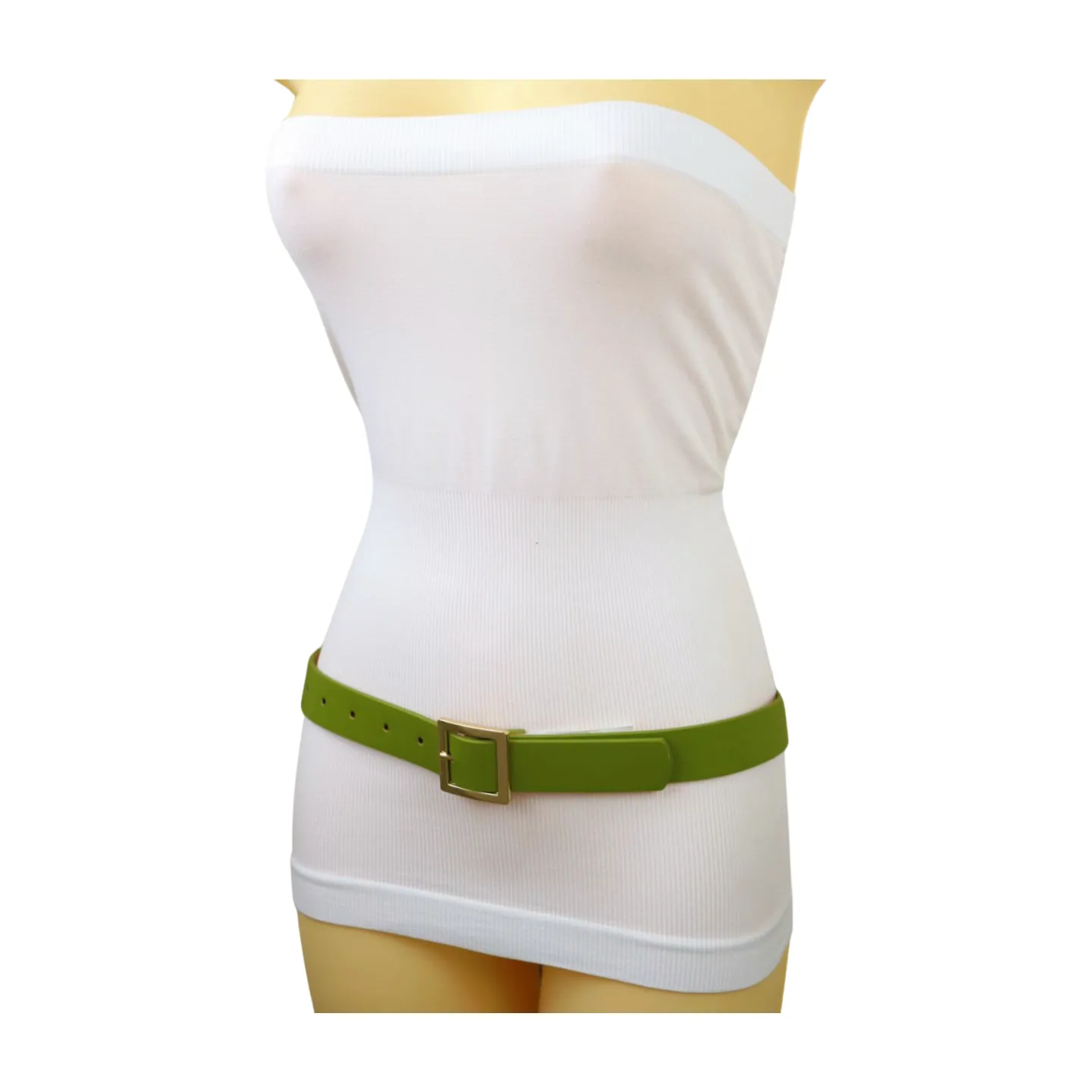 Women Green Faux Leather Skinny Belt Gold Square Buckle Adjustable Size S M