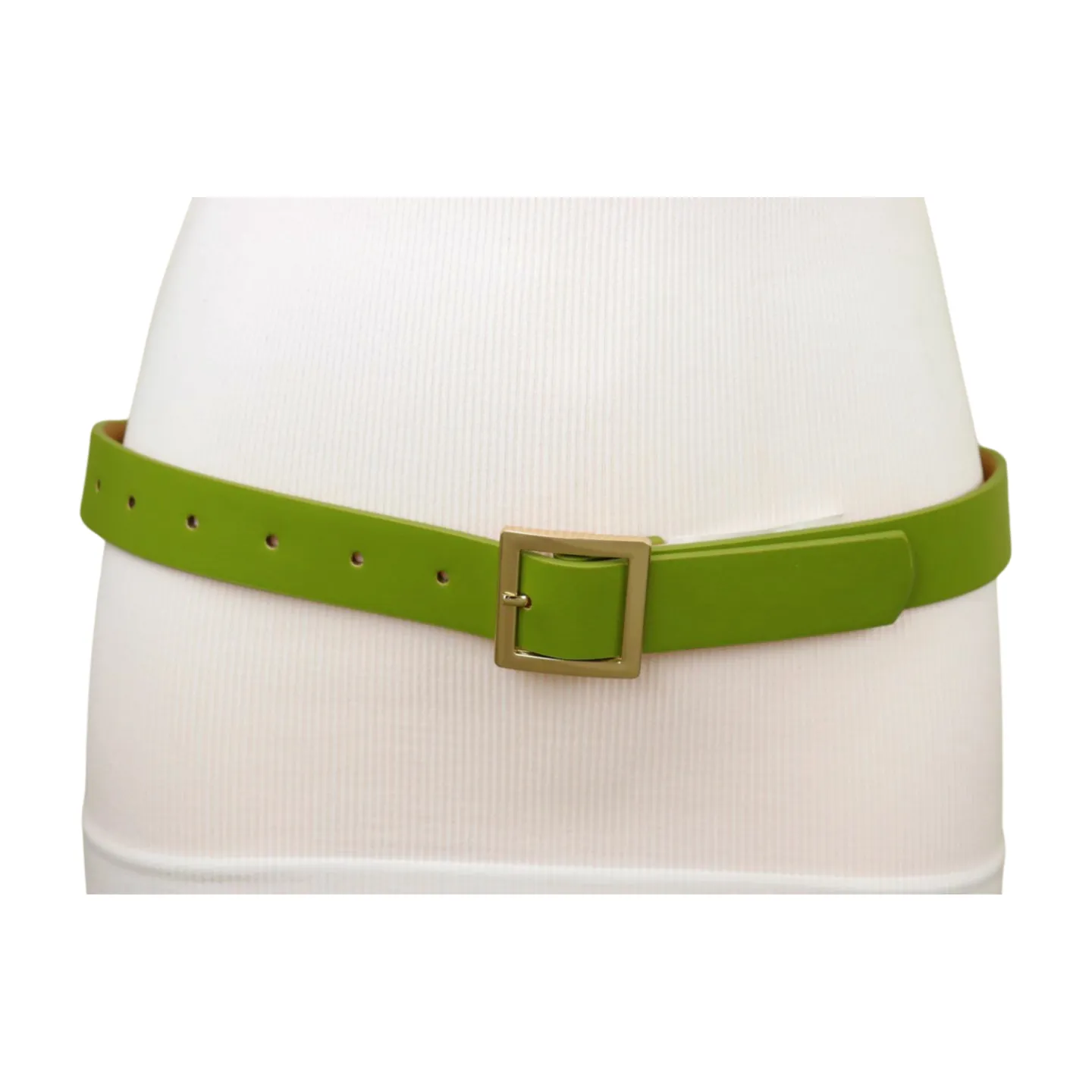 Women Green Faux Leather Skinny Belt Gold Square Buckle Adjustable Size S M