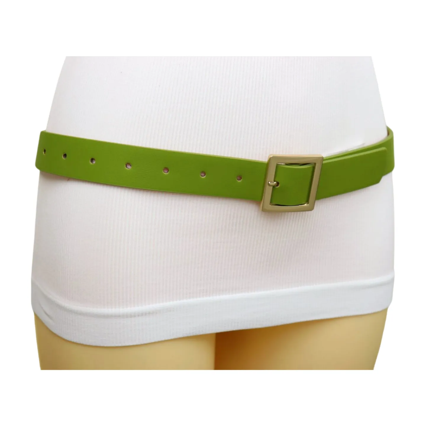 Women Green Faux Leather Skinny Belt Gold Square Buckle Adjustable Size S M