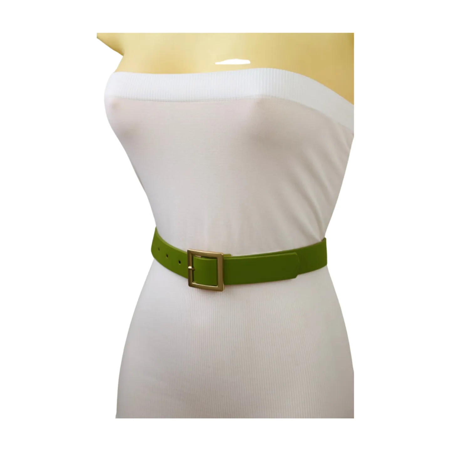 Women Green Faux Leather Skinny Belt Gold Square Buckle Adjustable Size S M