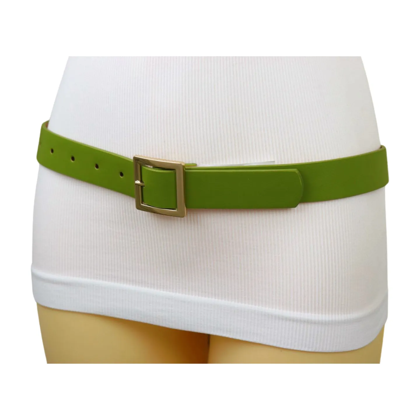 Women Green Faux Leather Skinny Belt Gold Square Buckle Adjustable Size S M