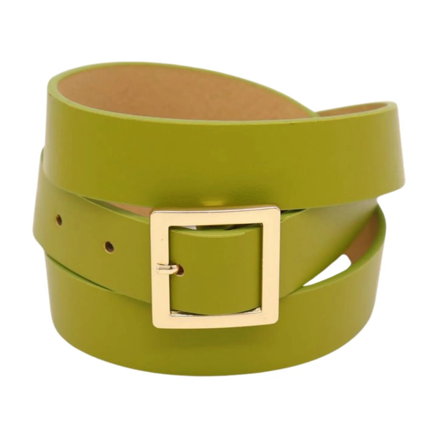 Women Green Faux Leather Skinny Belt Gold Square Buckle Adjustable Size S M