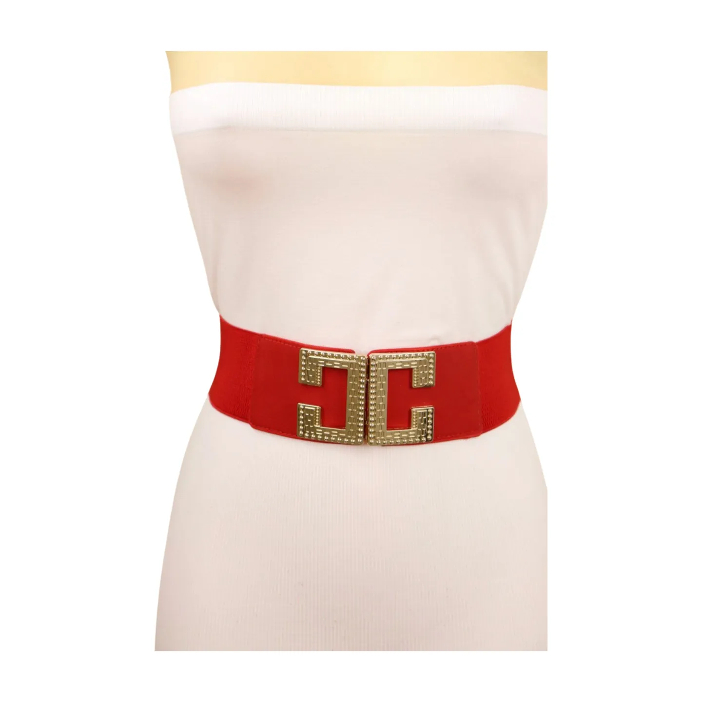 Women Red Elastic Fashion Belt Gold Metal C Buckle Fit Size S M