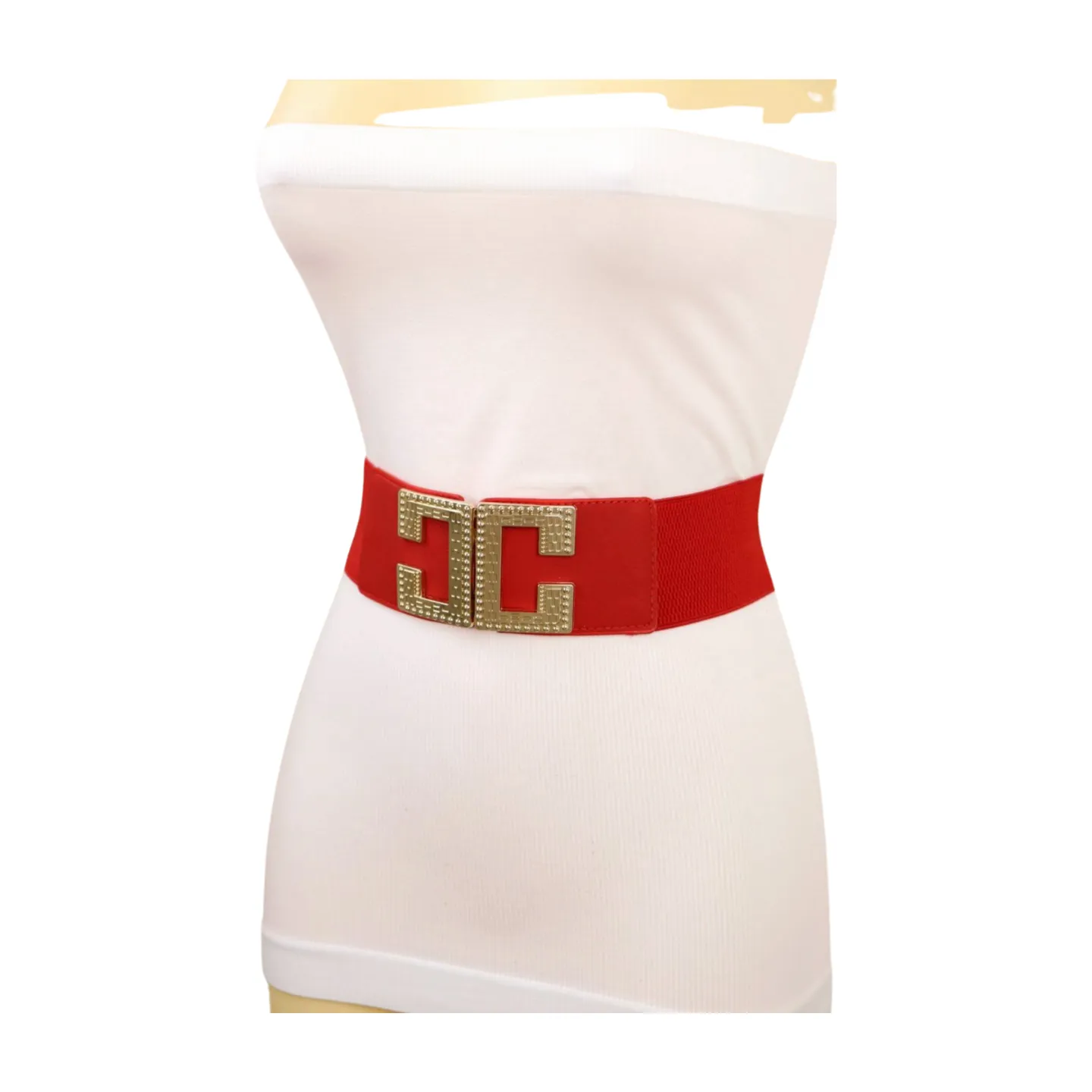 Women Red Elastic Fashion Belt Gold Metal C Buckle Fit Size S M