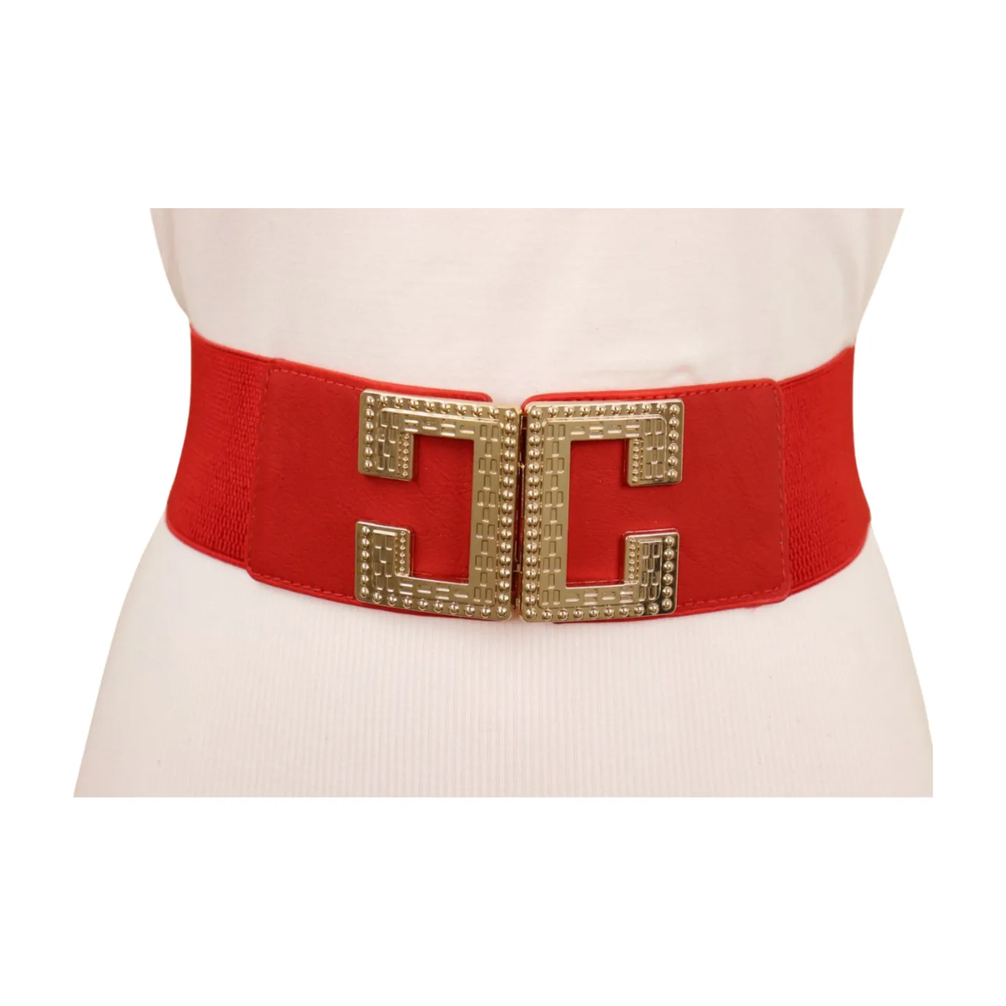 Women Red Elastic Fashion Belt Gold Metal C Buckle Fit Size S M